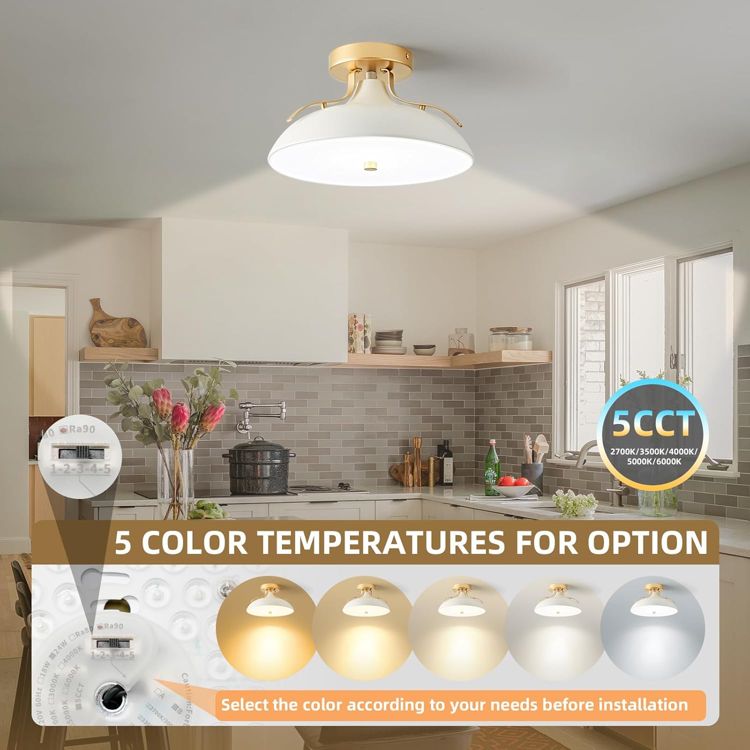 OKELI Dimmable LED Ceiling Light Fixture, 5CCT Modern Semi Flush Mount Ceiling Light 2700K-6000K
