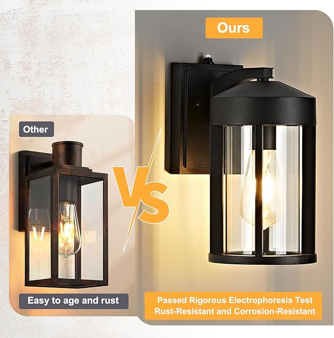 Comparison of outdoor wall lights with one labeled 'Ours' and another labeled 'Other'. The 'Ours' light is rust-resistant and corrosion-resistant, while the 'Other' light is not.