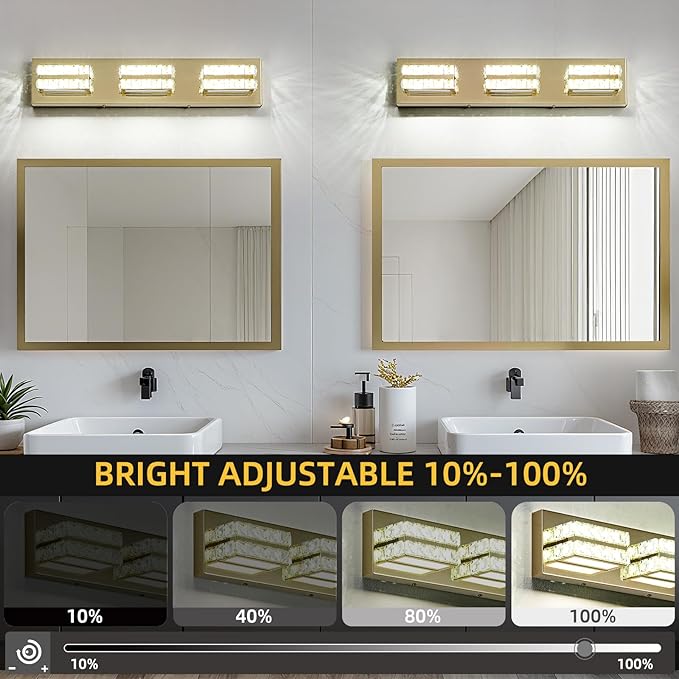 OKELI Crystal LED Bathroom Vanity Light Fixture Gold Over Mirror Modern Indoor 6000K Cold White Dimmable 2-3-4-5Lights 20W ETL Listed