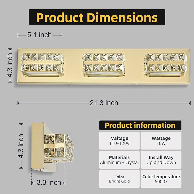 OKELI Crystal LED Bathroom Vanity Light Fixture Gold Over Mirror Modern Indoor 6000K Cold White Dimmable 2-3-4-5Lights 20W ETL Listed