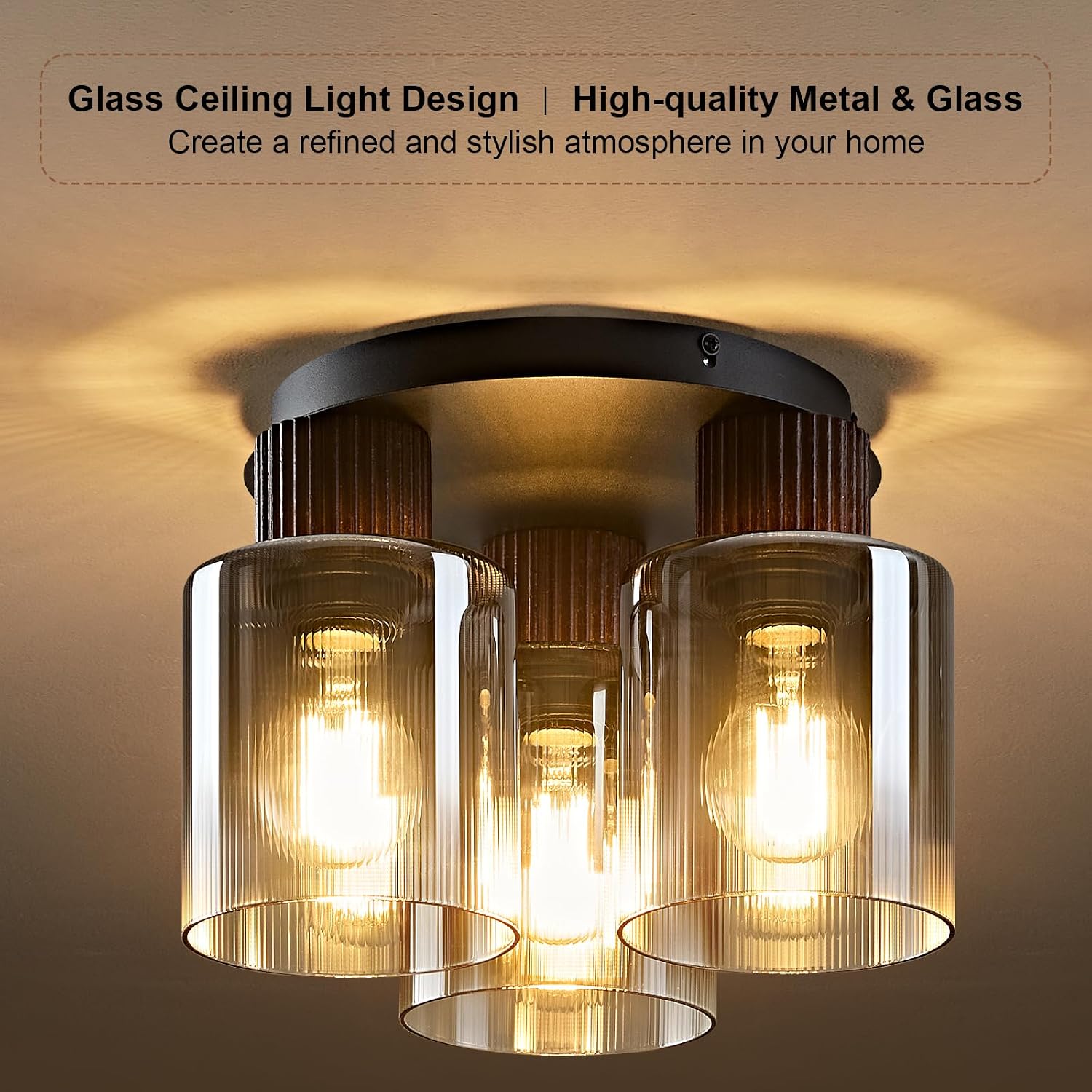 Modern Semi-Flush Mount Ceiling Light with Gray Gradient Glass & Walnut Wood, 3-Light / 5-Light