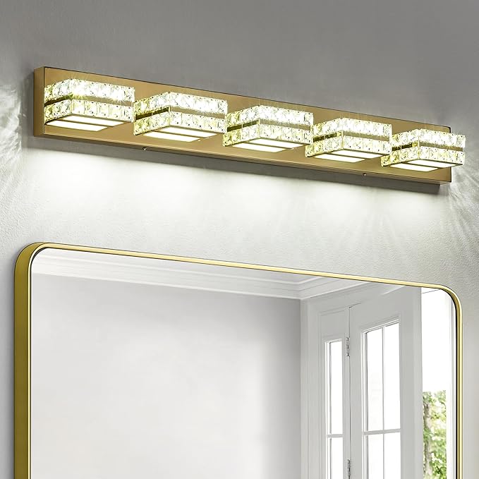 OKELI Crystal LED Bathroom Vanity Light Fixture Gold Over Mirror Modern Indoor 6000K Cold White Dimmable 2-3-4-5Lights 20W ETL Listed 5-light