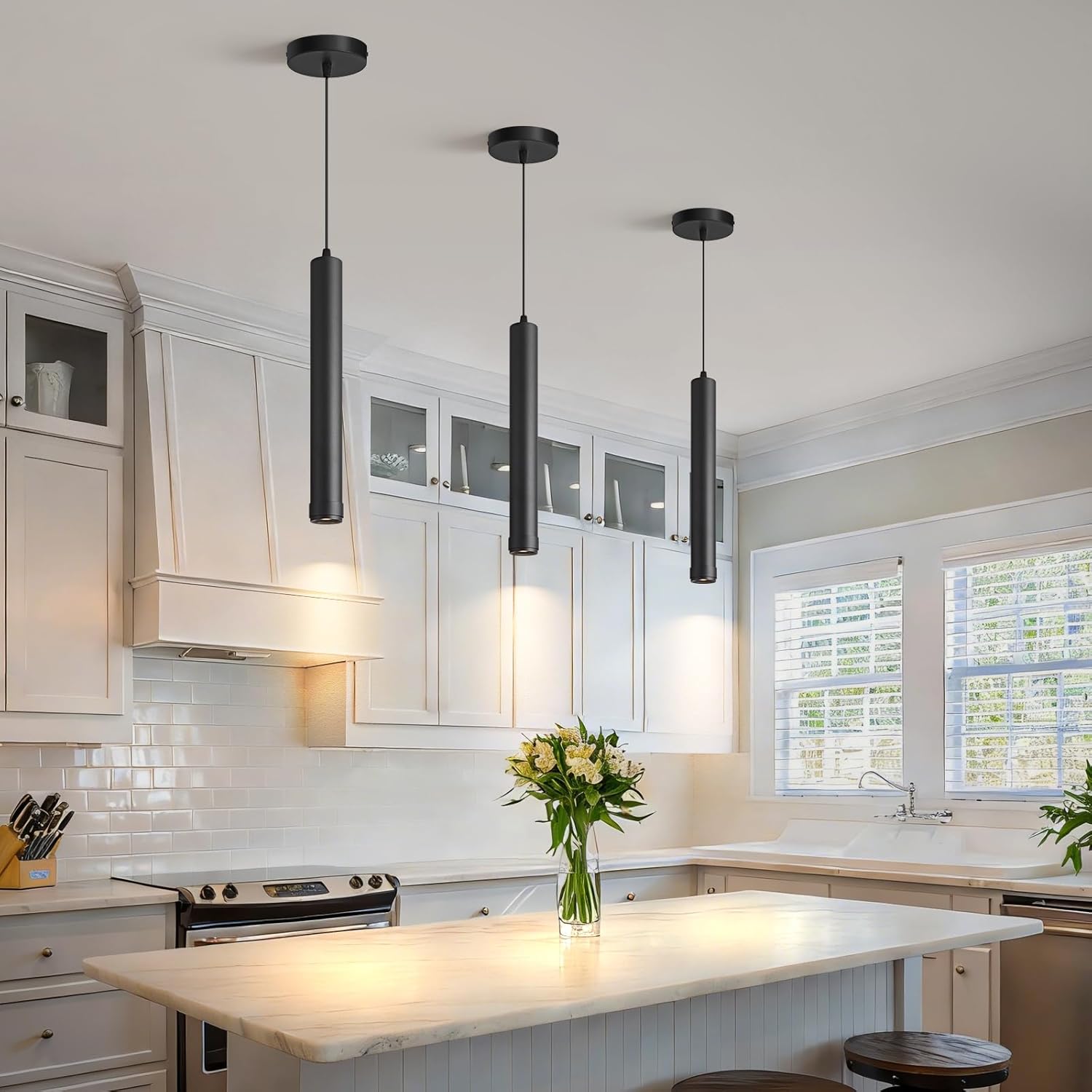 OKELI Black LED Pendant Light, 3CCT Dimmable Hanging Light with Adjustable Beam Angle, 7W Modern Cylinder Pendant