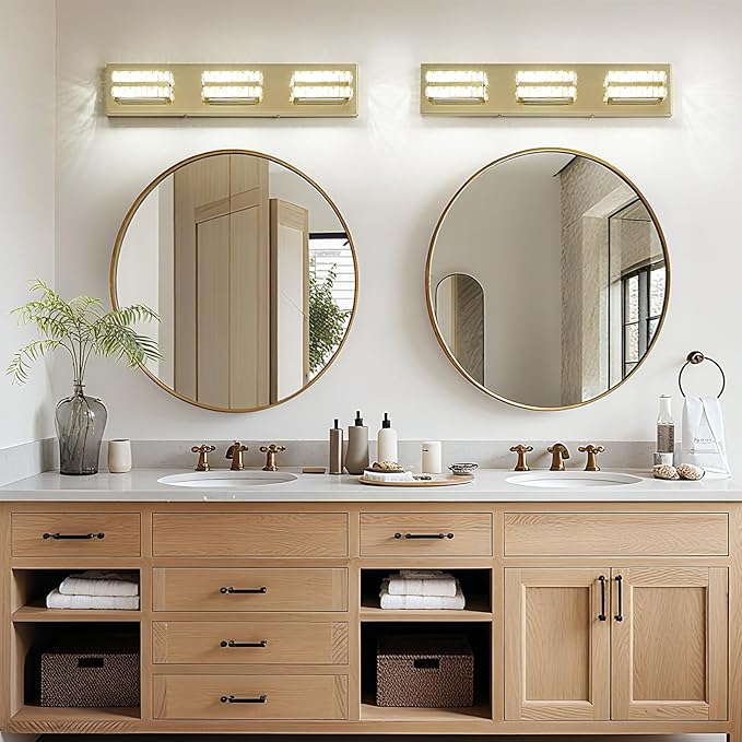 OKELI Crystal LED Bathroom Vanity Light Fixture Gold Over Mirror Modern Indoor 6000K Cold White Dimmable 2-3-4-5Lights 20W ETL Listed