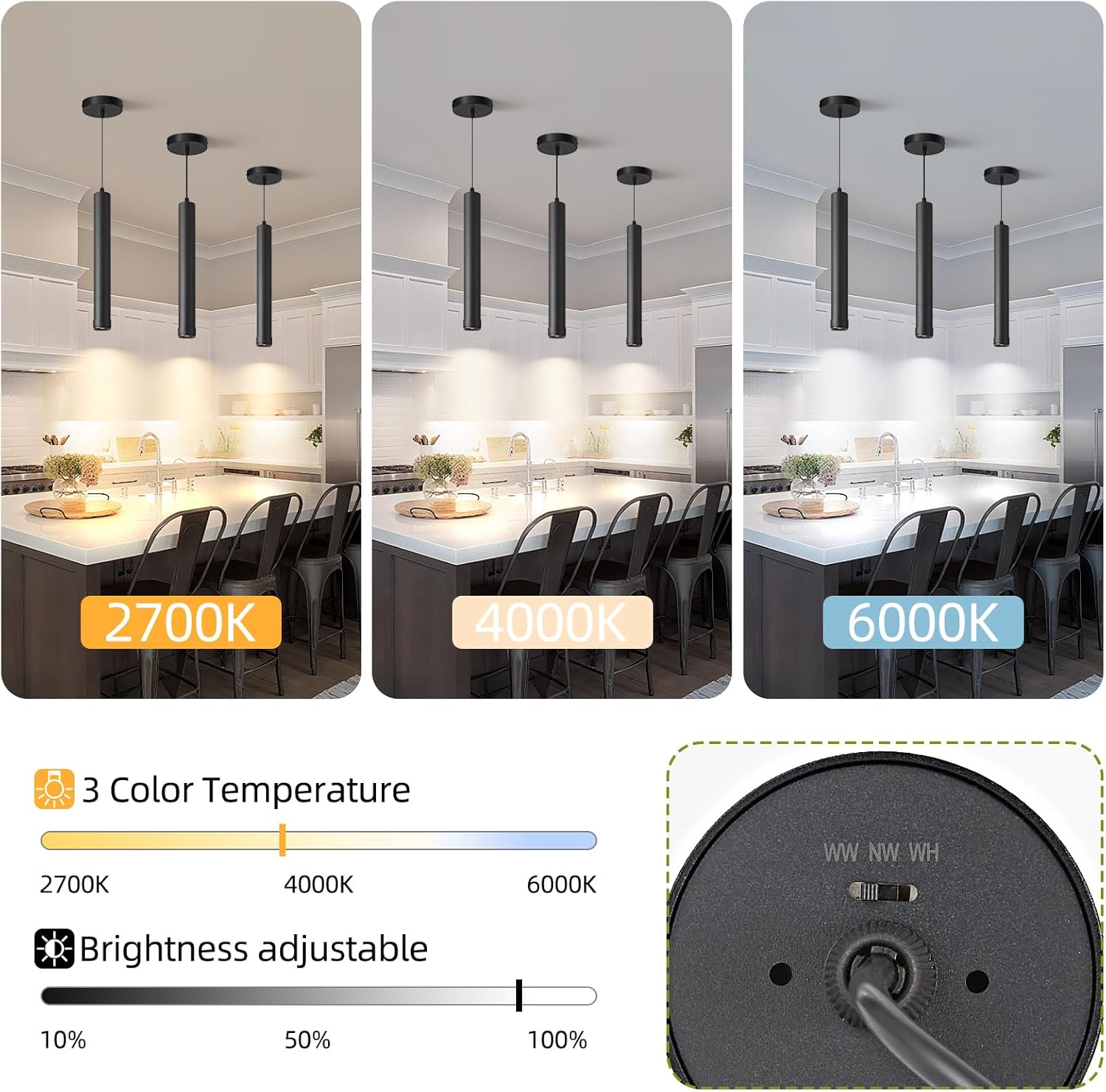 OKELI Black LED Pendant Light, 3CCT Dimmable Hanging Light with Adjustable Beam Angle, 7W Modern Cylinder Pendant