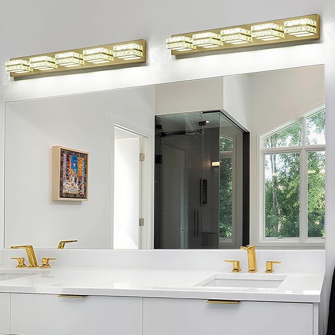 OKELI Crystal LED Bathroom Vanity Light Fixture Gold Over Mirror Modern Indoor 6000K Cold White Dimmable 2-3-4-5Lights 20W ETL Listed