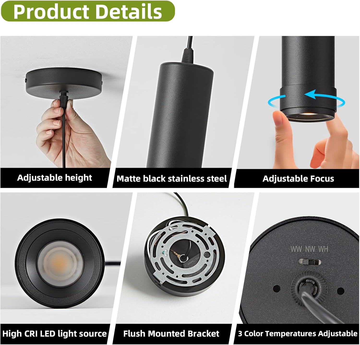 OKELI Black LED Pendant Light, 3CCT Dimmable Hanging Light with Adjustable Beam Angle, 7W Modern Cylinder Pendant