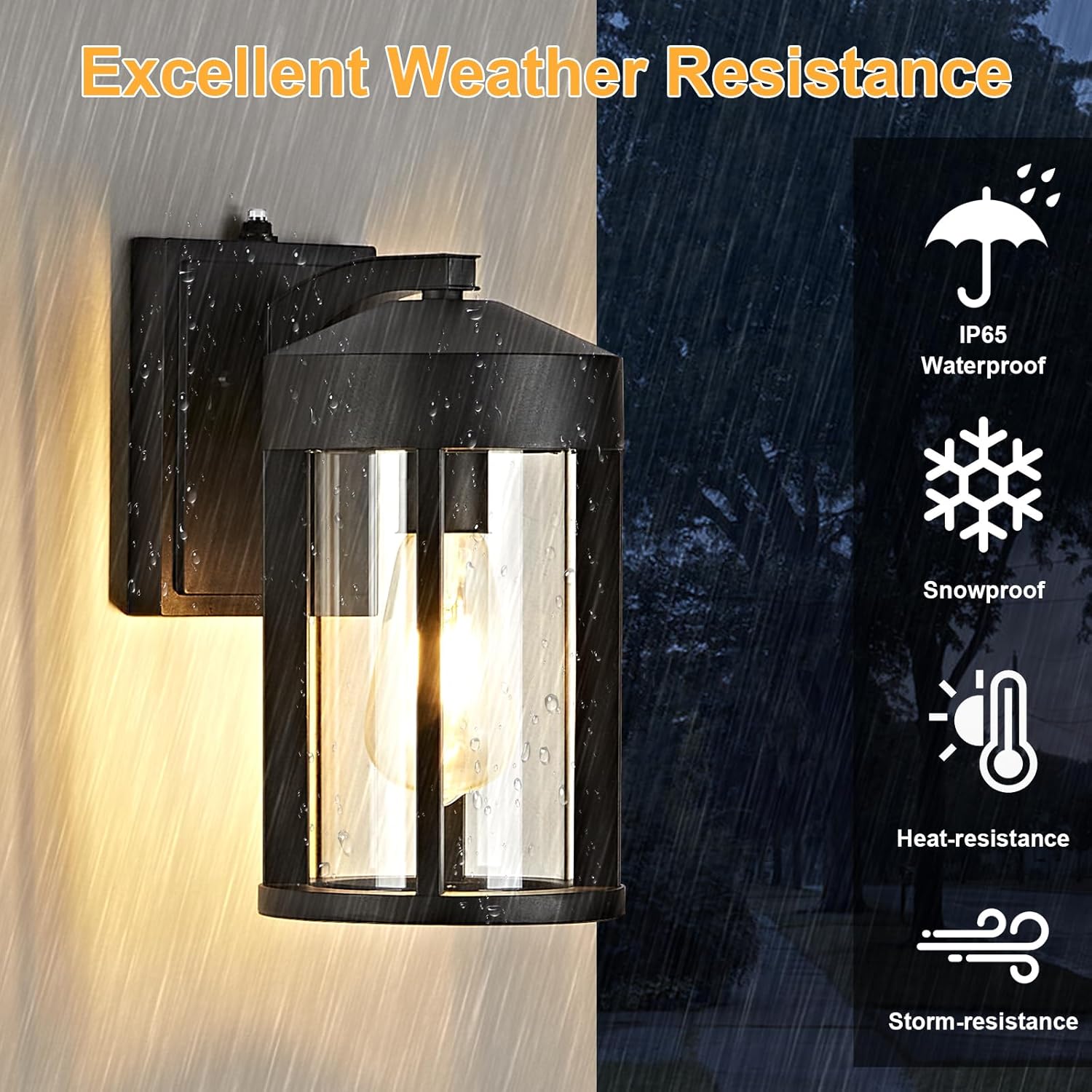 Outdoor wall light fixture with weather resistance features displayed.
