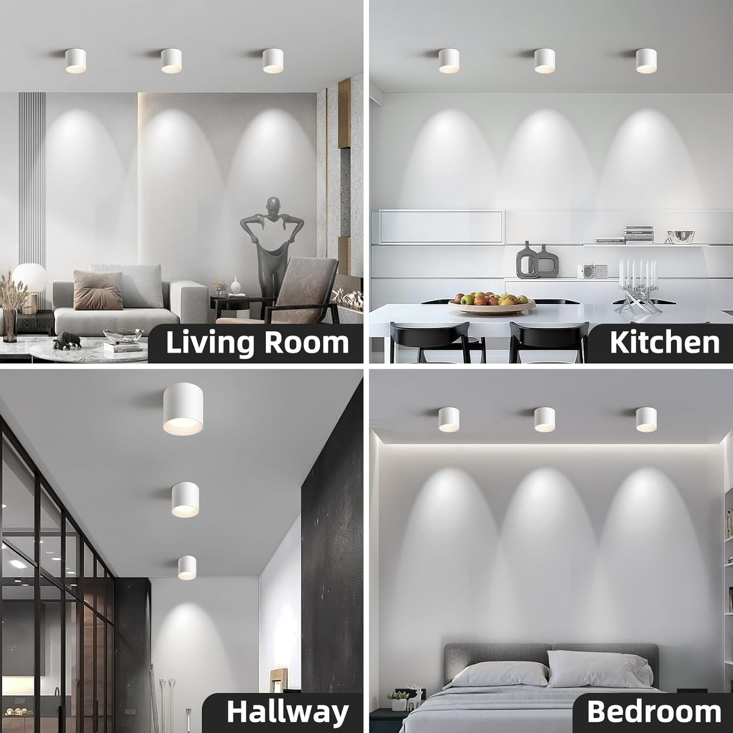 Collage of interior settings including a living room, kitchen, hallway, and bedroom with ceiling lights.