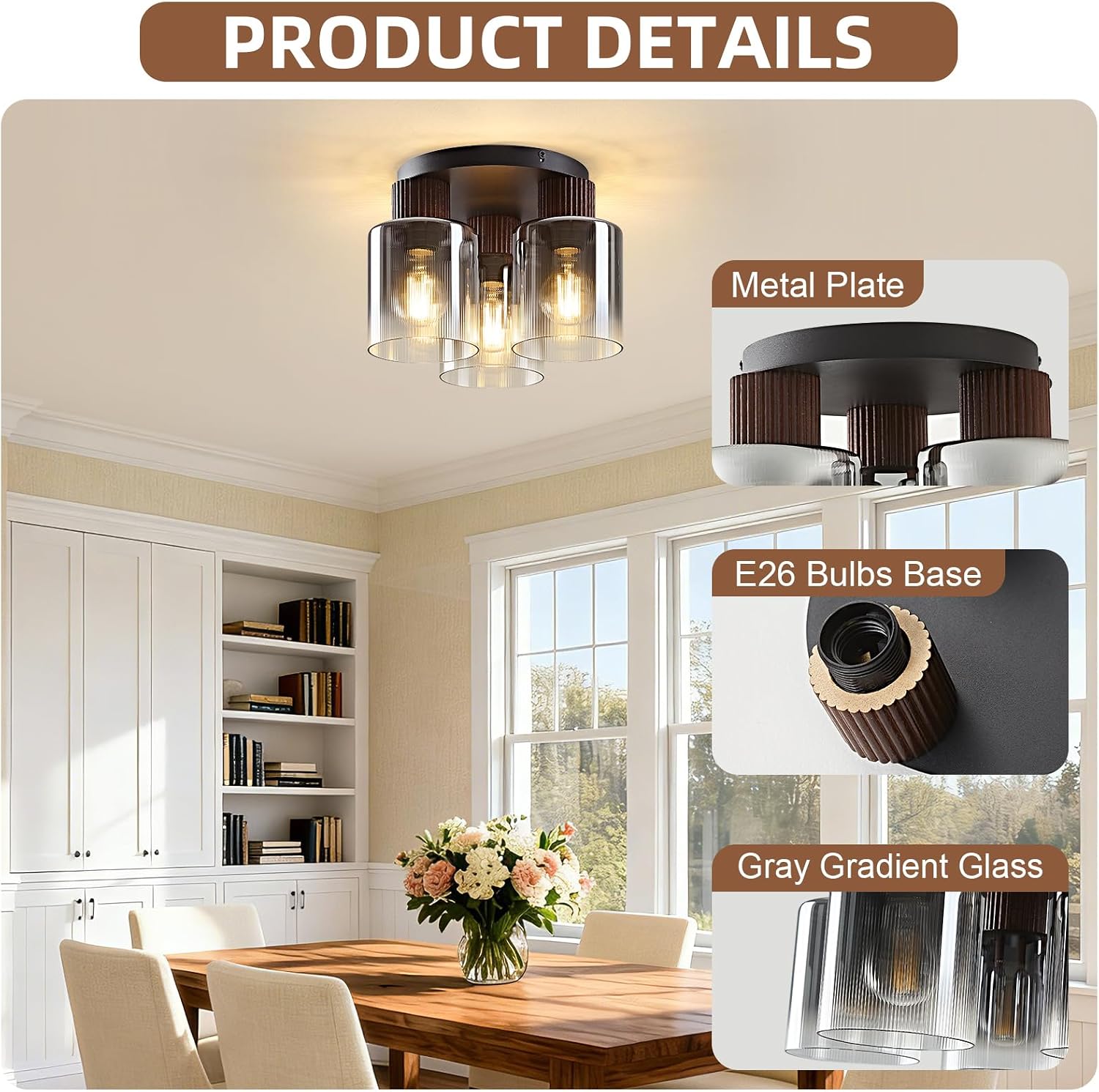 Modern Semi-Flush Mount Ceiling Light with Gray Gradient Glass & Walnut Wood, 3-Light / 5-Light