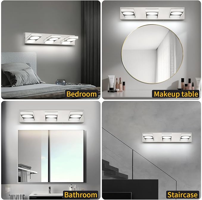 OKELI LED Modern Bathroom Vanity Light Fixtures Brushed Nickel Acrylic Wall Lighting Fixtures Over Mirror 3CCT ETL Listed Dimmable 3-4-Light