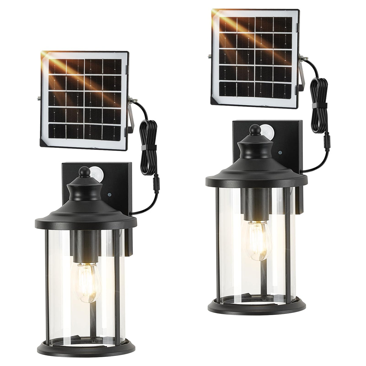 OKELI Vintage Solar Porch Light – Dusk to Dawn Motion Sensor, Replaceable Battery, Waterproof Wall Lantern Black / 2 Pack