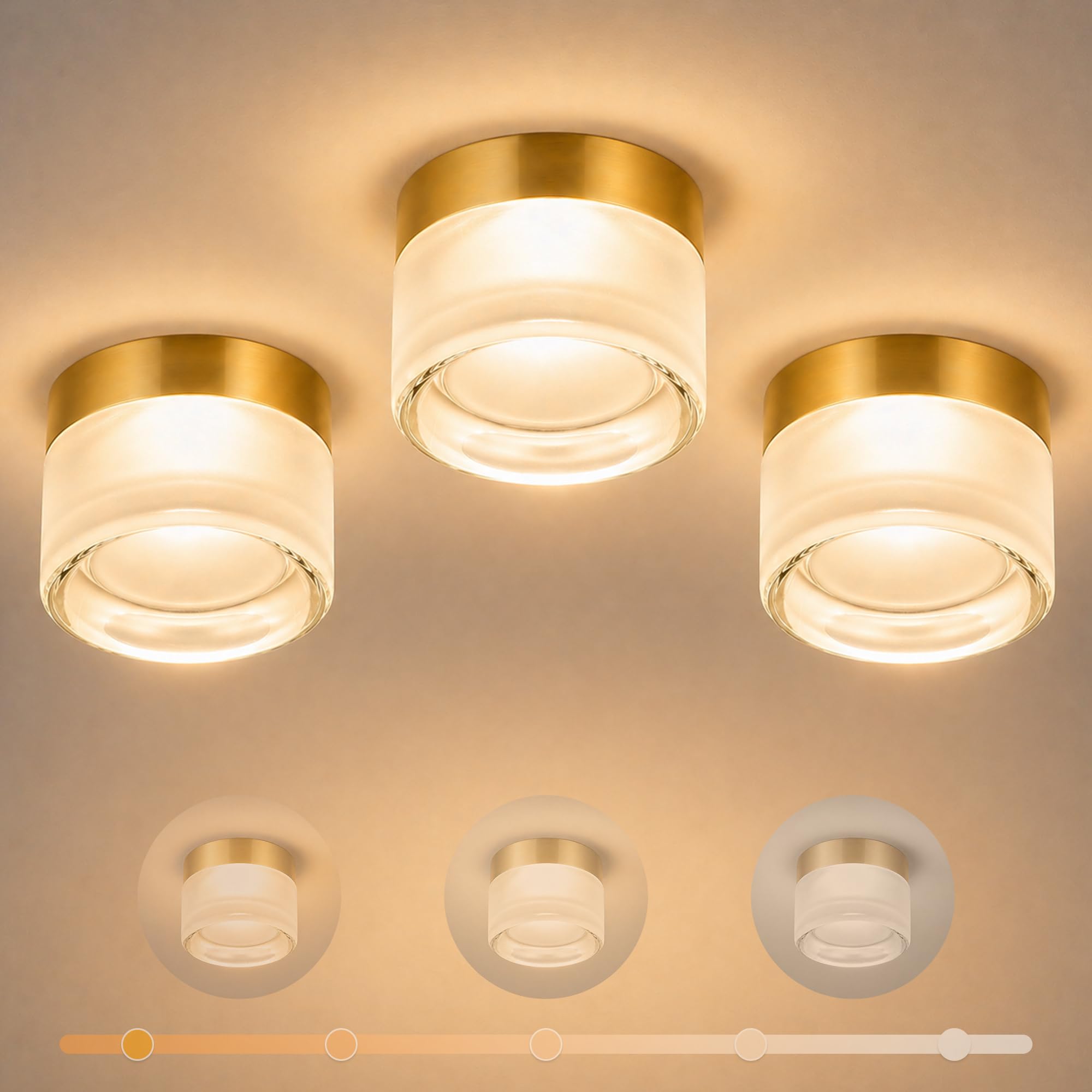 OKELI Modern Glass Ceiling Light Fixture, LED Flush Mount Ceiling Light Gold / 3-pack