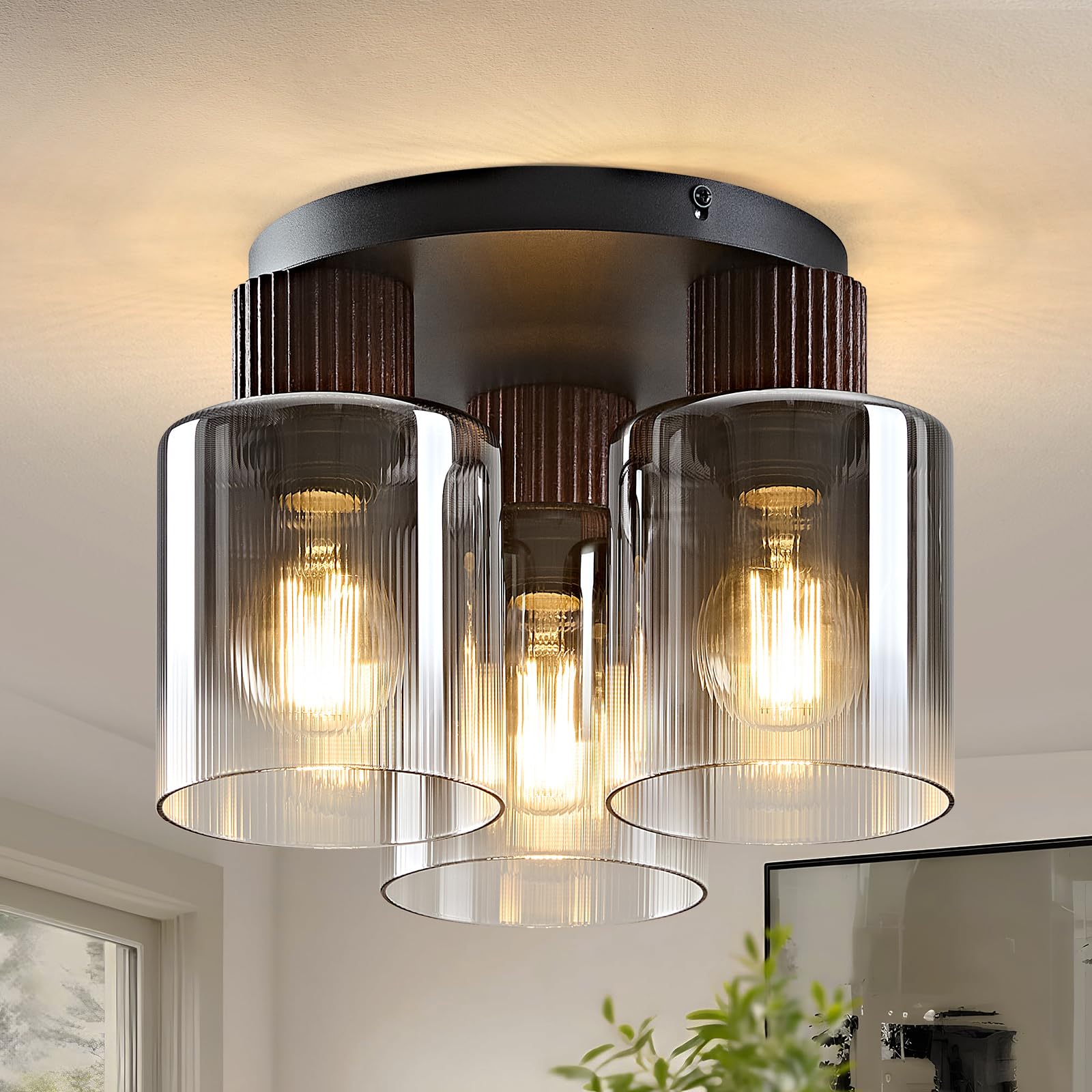 Modern Semi-Flush Mount Ceiling Light with Gray Gradient Glass & Walnut Wood, 3-Light / 5-Light
