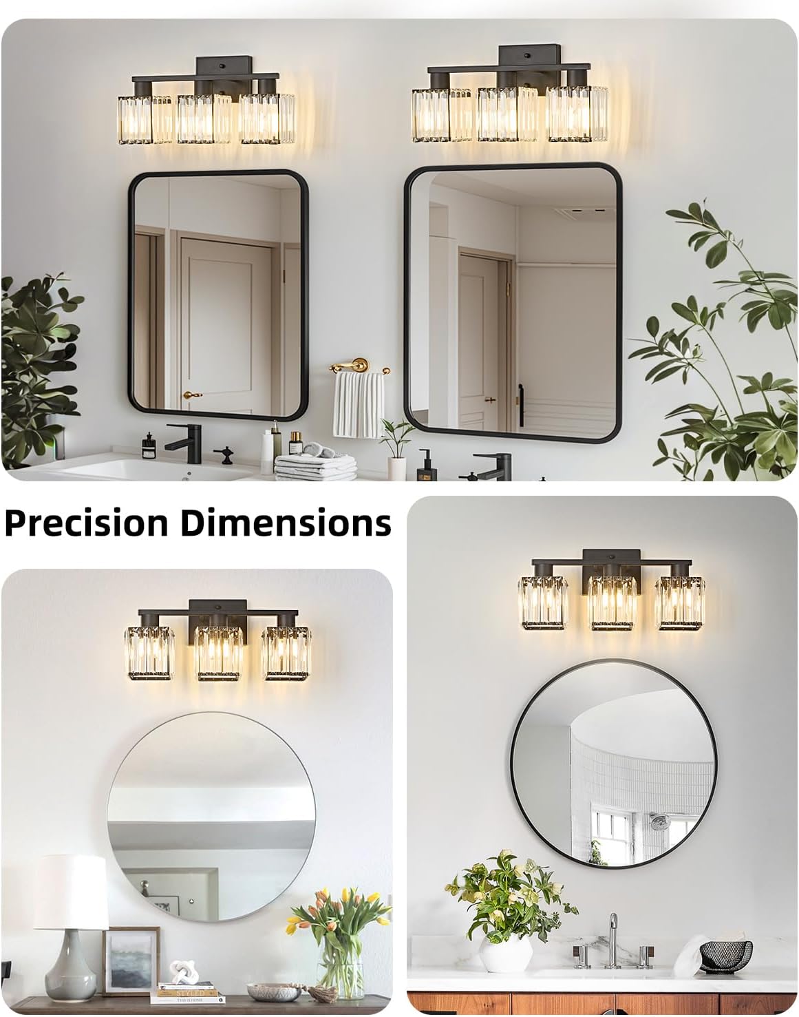 Crystal Vanity Light Fixture | 3 or 4-Light Bathroom Wall Sconce — Gold, Matte Black or Brushed Nickel, ETL Listed Over-Mirror Light