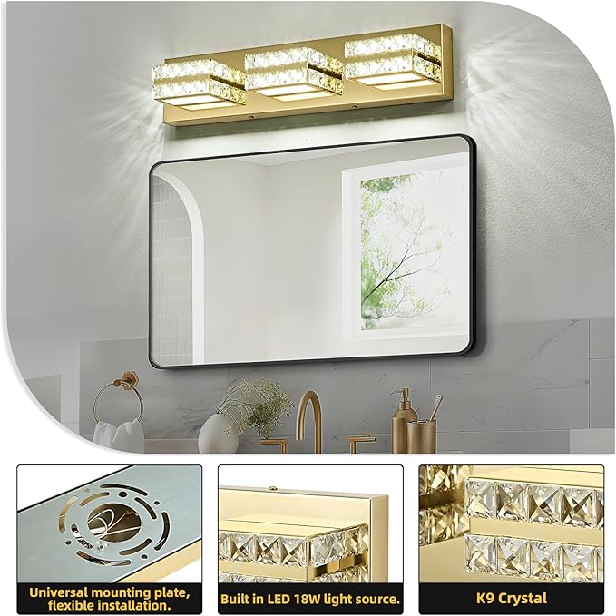 OKELI Crystal LED Bathroom Vanity Light Fixture Gold Over Mirror Modern Indoor 6000K Cold White Dimmable 2-3-4-5Lights 20W ETL Listed