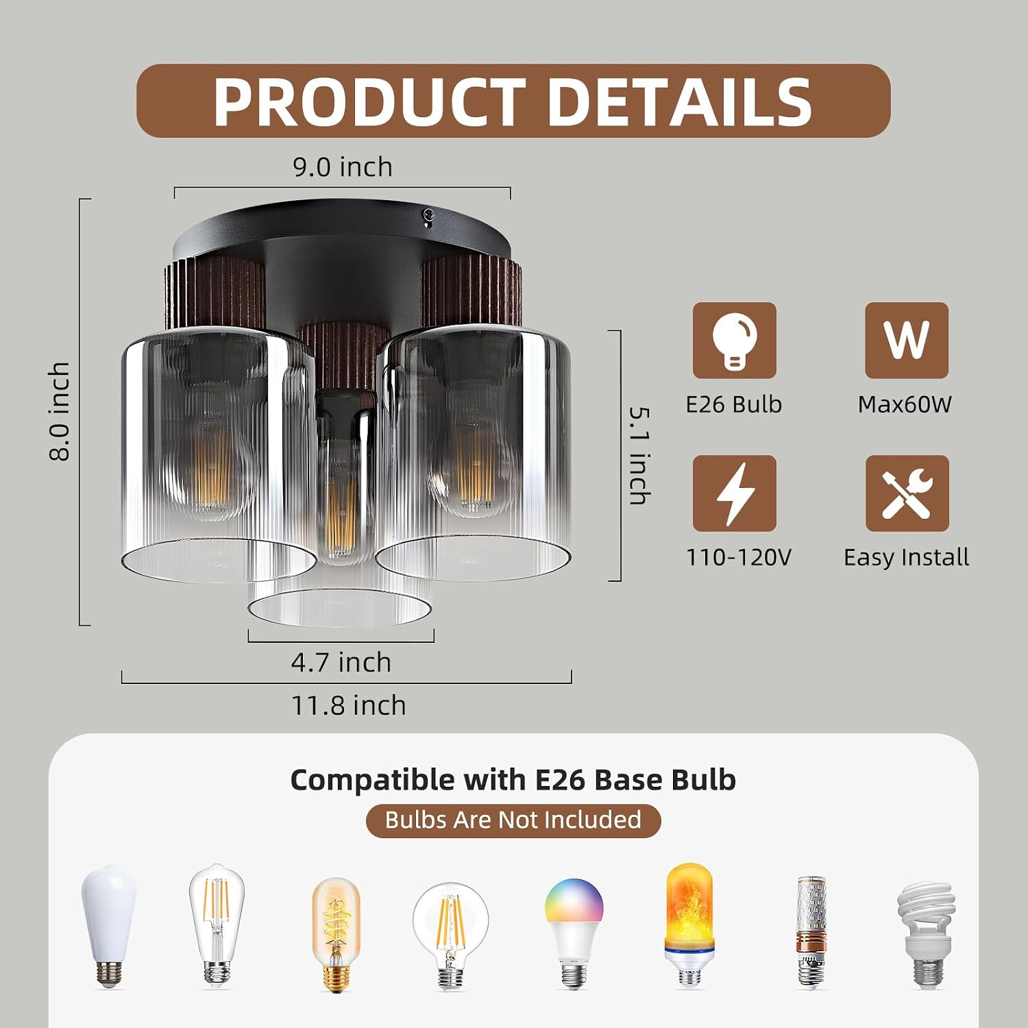 Modern Semi-Flush Mount Ceiling Light with Gray Gradient Glass & Walnut Wood, 3-Light / 5-Light