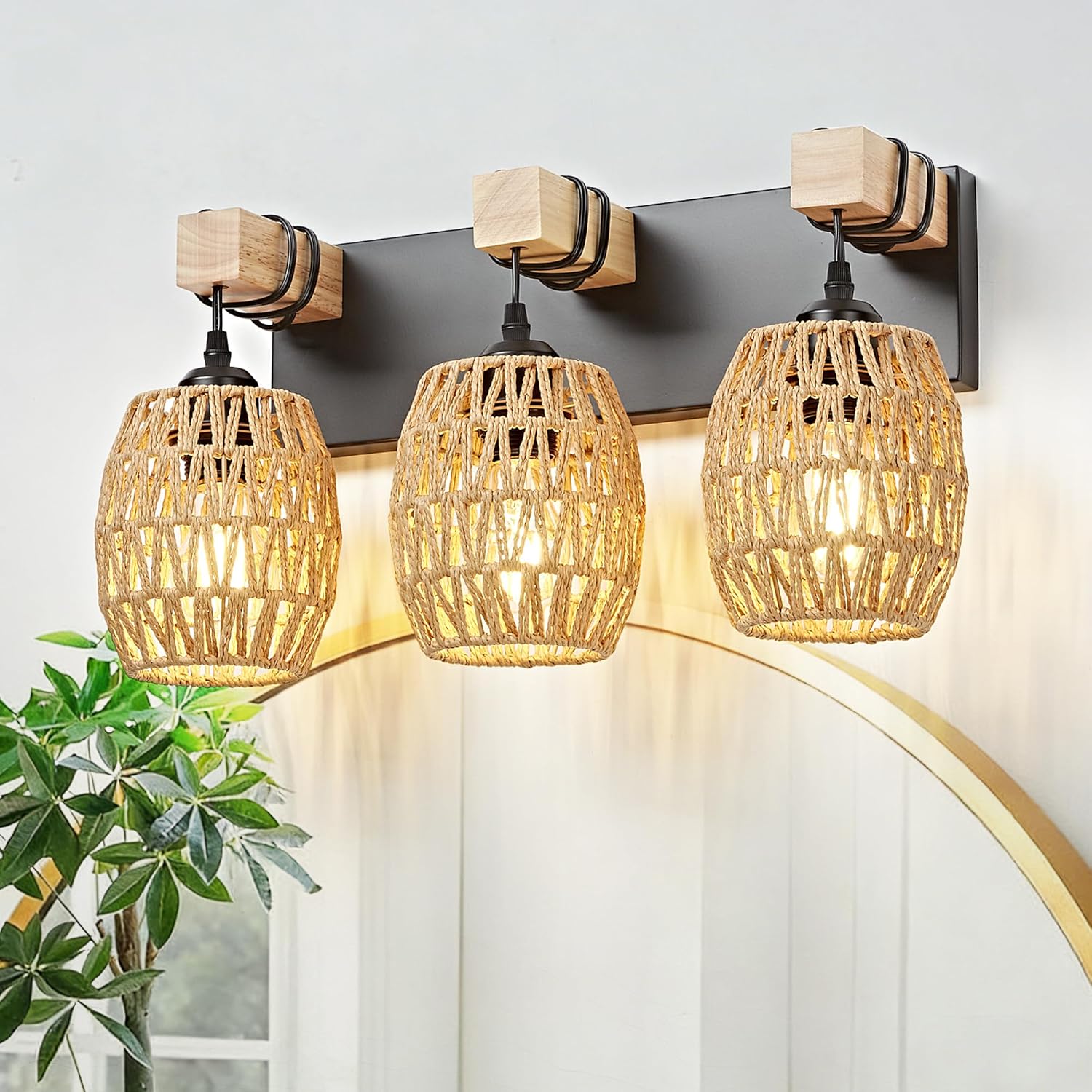 OKELI Boho Rattan Bathroom Vanity Light – Handwoven Wicker Wall Sconce, Rustic Wood & Black Finish, E26 Dimmable (2–6 Lights)