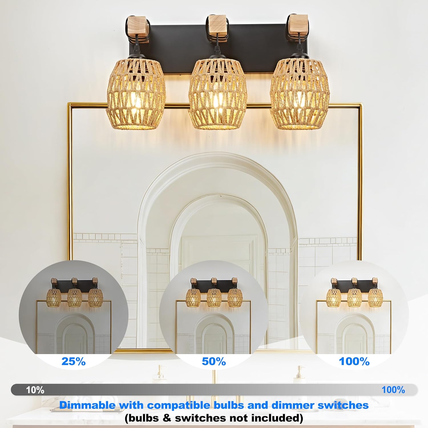 OKELI Boho Rattan Bathroom Vanity Light – Handwoven Wicker Wall Sconce, Rustic Wood & Black Finish, E26 Dimmable (2–6 Lights)