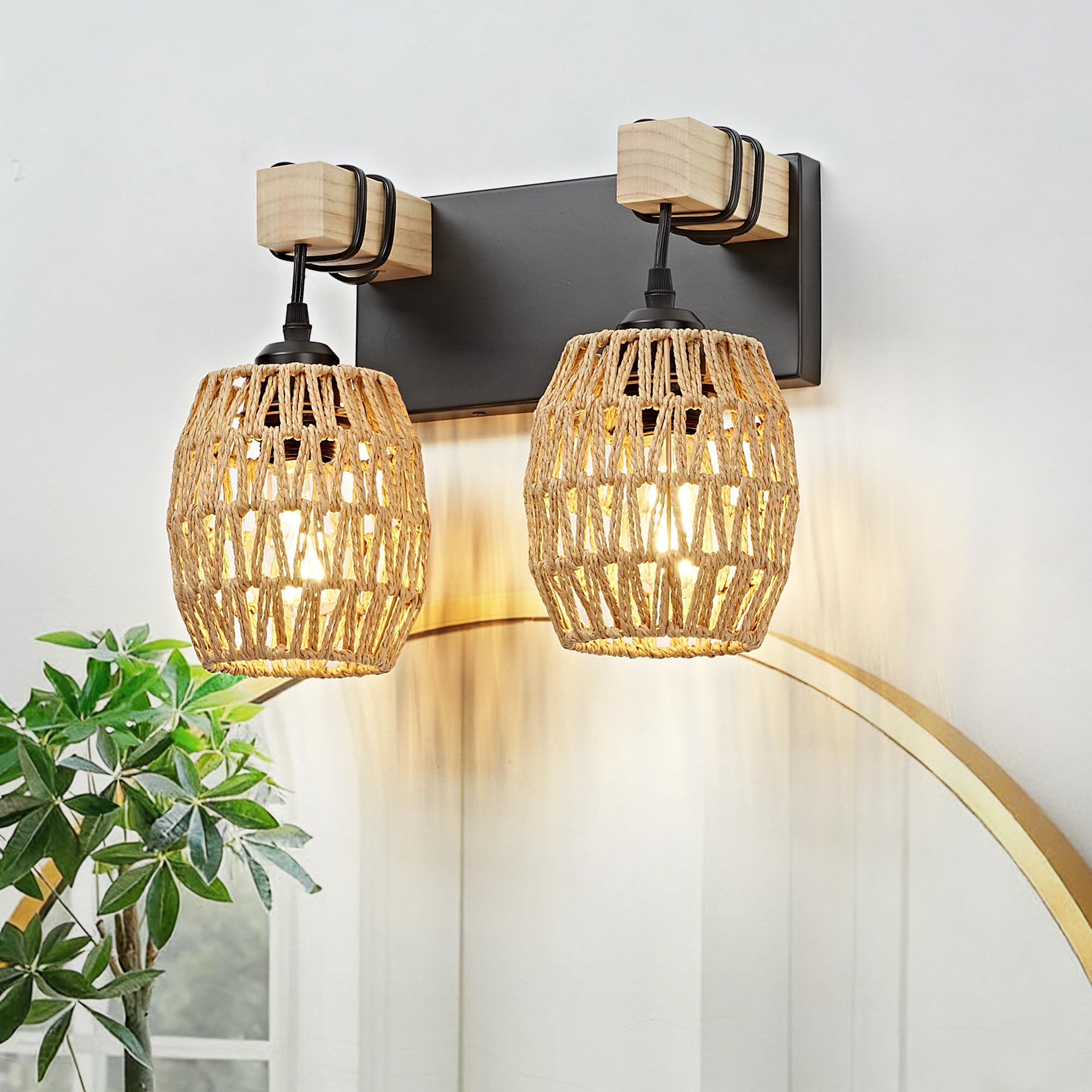 OKELI Boho Rattan Bathroom Vanity Light – Handwoven Wicker Wall Sconce, Rustic Wood & Black Finish, E26 Dimmable (2–6 Lights)