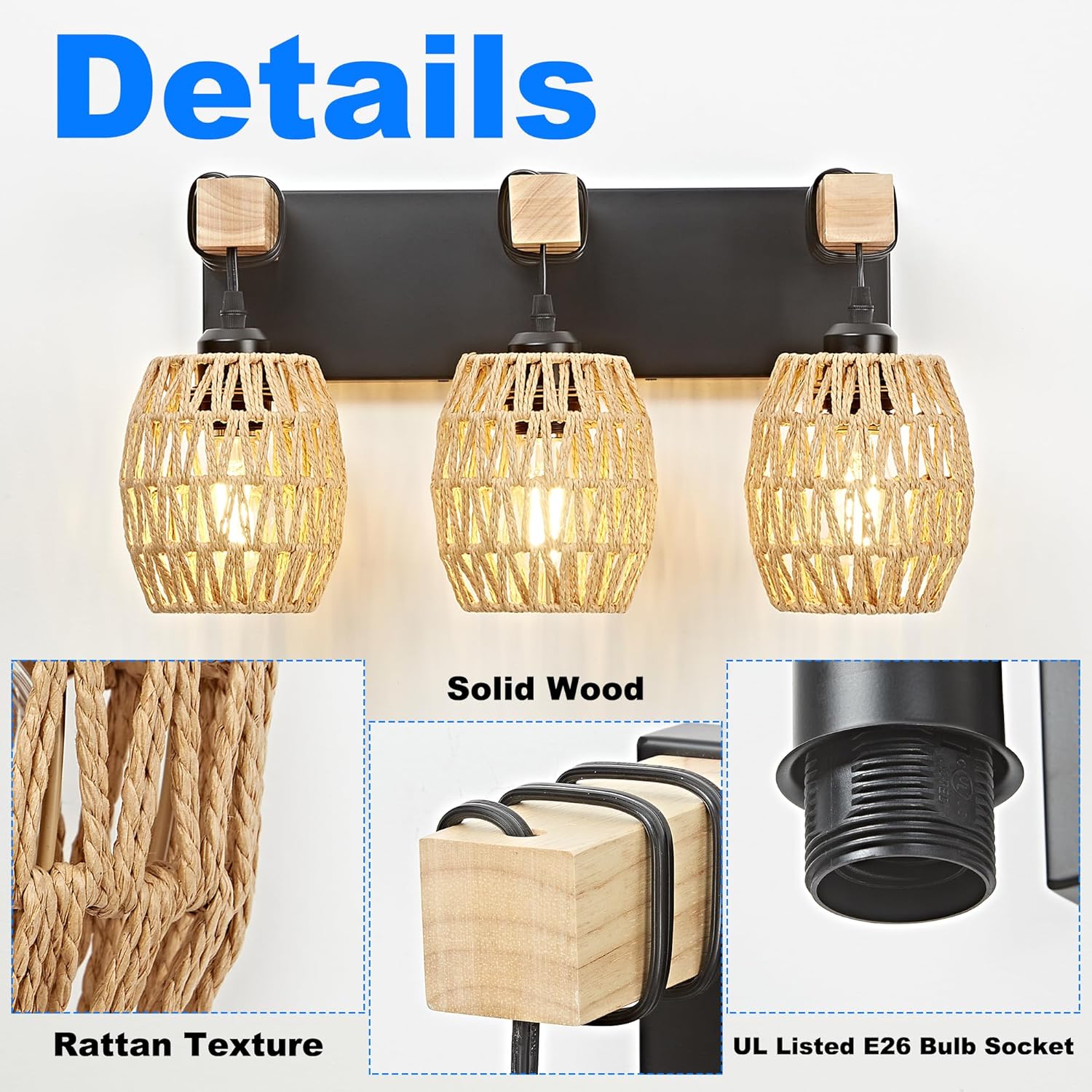 OKELI Boho Rattan Bathroom Vanity Light – Handwoven Wicker Wall Sconce, Rustic Wood & Black Finish, E26 Dimmable (2–6 Lights)