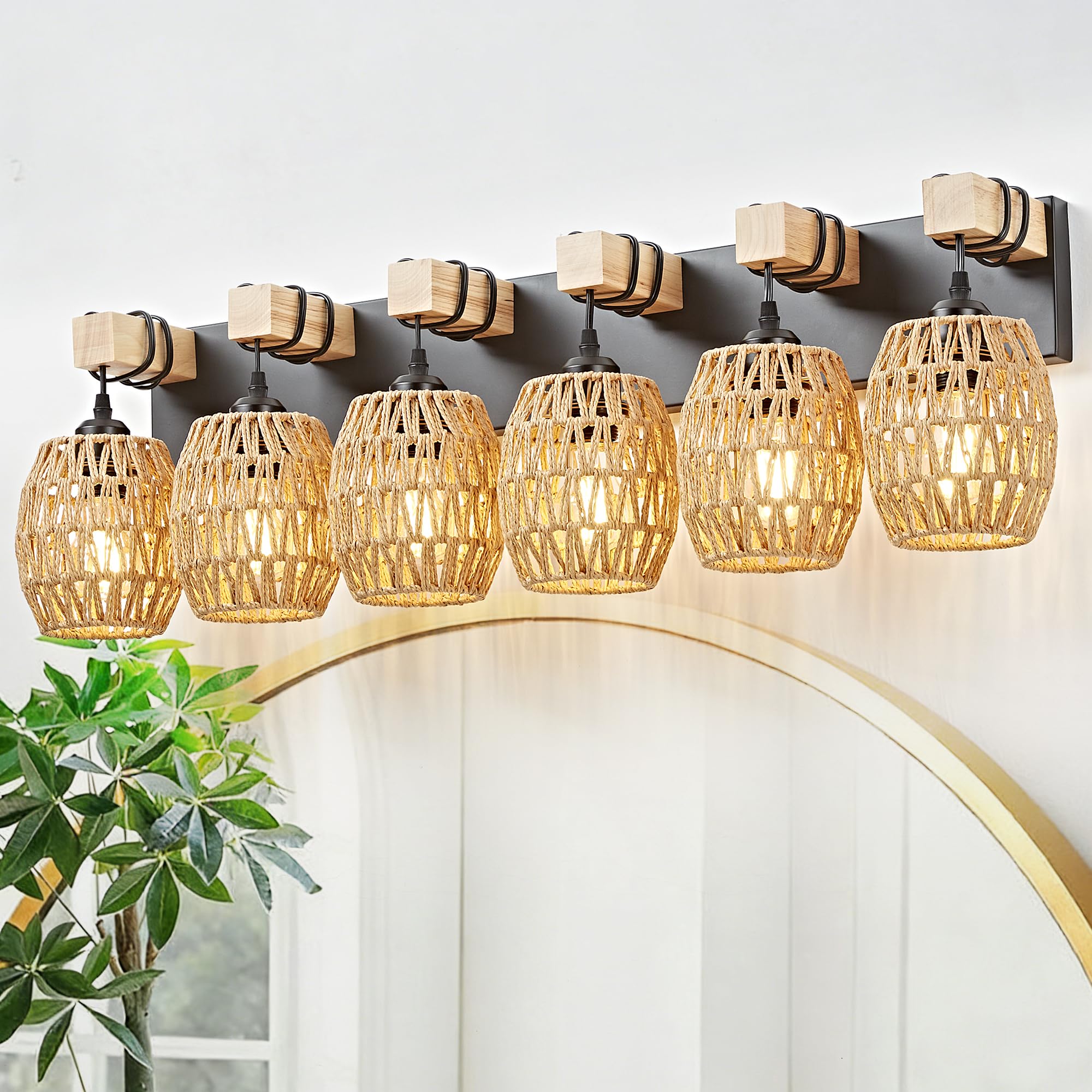 OKELI Boho Rattan Bathroom Vanity Light – Handwoven Wicker Wall Sconce, Rustic Wood & Black Finish, E26 Dimmable (2–6 Lights)