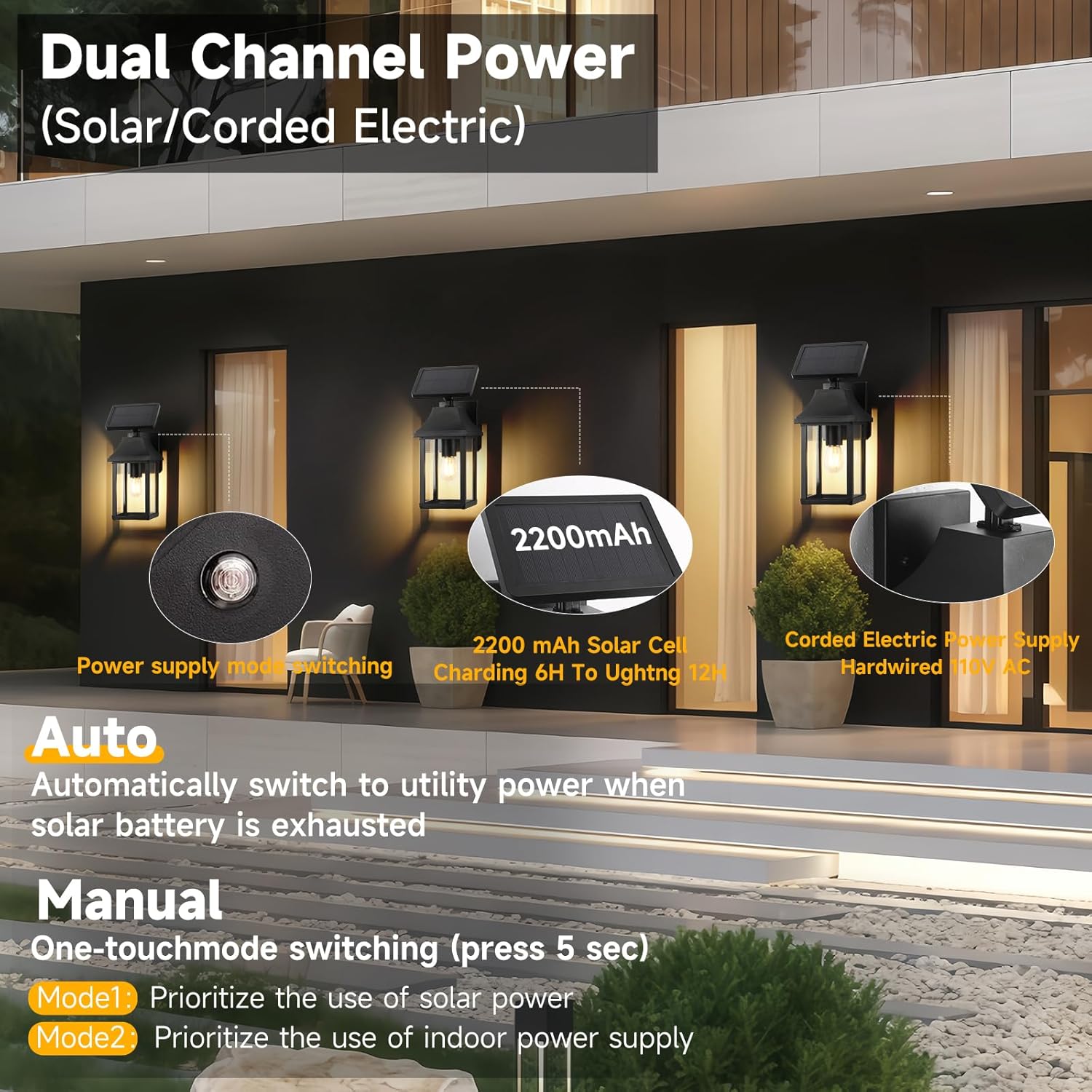 VORZU® Porch Lights Outdoor Dusk to Dawn Motion Sensor Solar Wall Lantern Separate Panel & Battery Replaceable Exterior