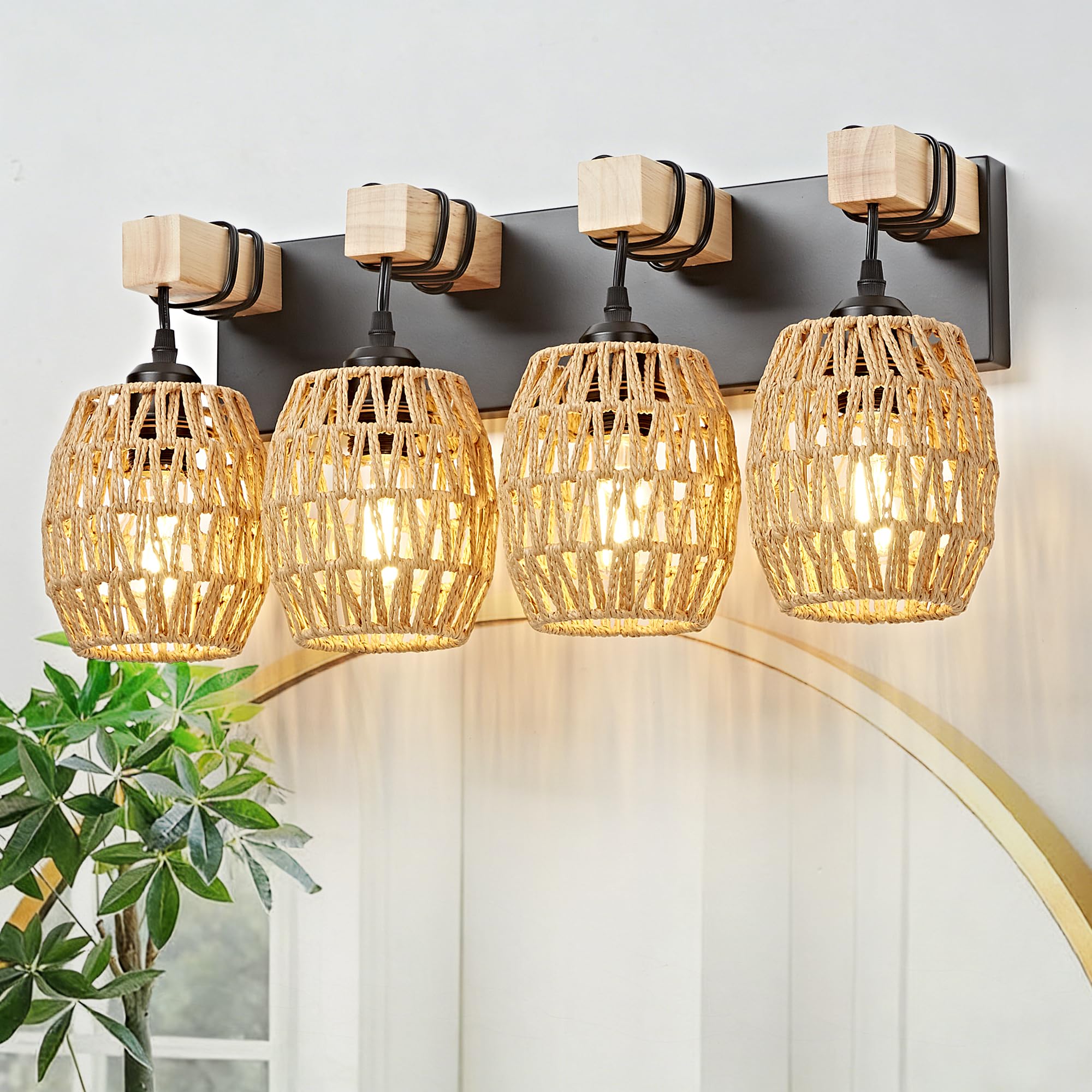 OKELI Boho Rattan Bathroom Vanity Light – Handwoven Wicker Wall Sconce, Rustic Wood & Black Finish, E26 Dimmable (2–6 Lights)