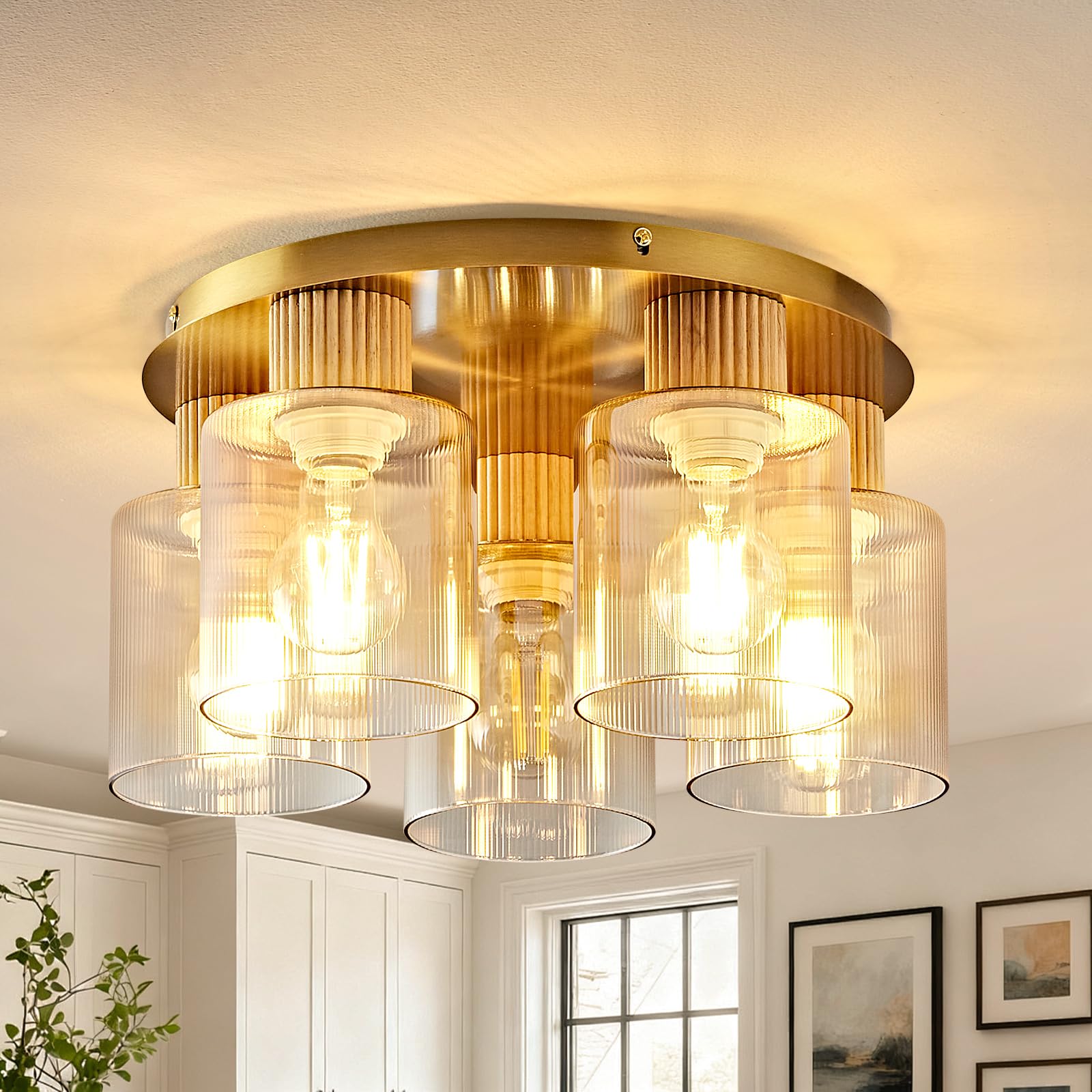 Modern Semi-Flush Mount Ceiling Light with Gray Gradient Glass & Walnut Wood, 3-Light / 5-Light
