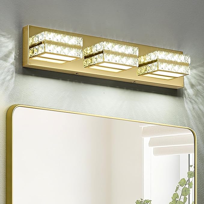 OKELI Crystal LED Bathroom Vanity Light Fixture Gold Over Mirror Modern Indoor 6000K Cold White Dimmable 2-3-4-5Lights 20W ETL Listed 3-light