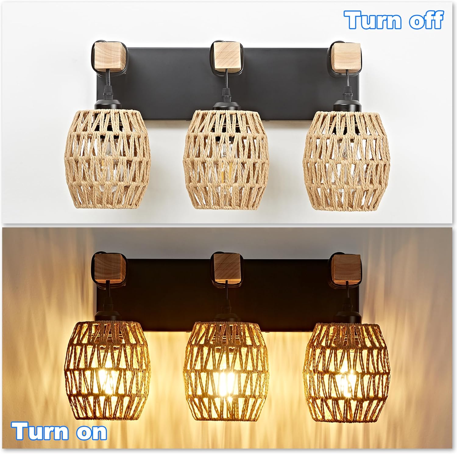 OKELI Boho Rattan Bathroom Vanity Light – Handwoven Wicker Wall Sconce, Rustic Wood & Black Finish, E26 Dimmable (2–6 Lights)