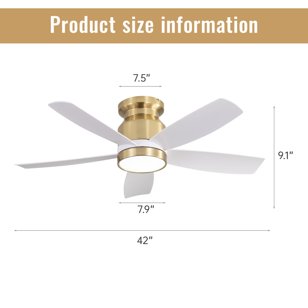42" Flush Mount Ceiling Fan with LED Light & Remote Dimmable 3CCT Lighting Reversible DC Motor