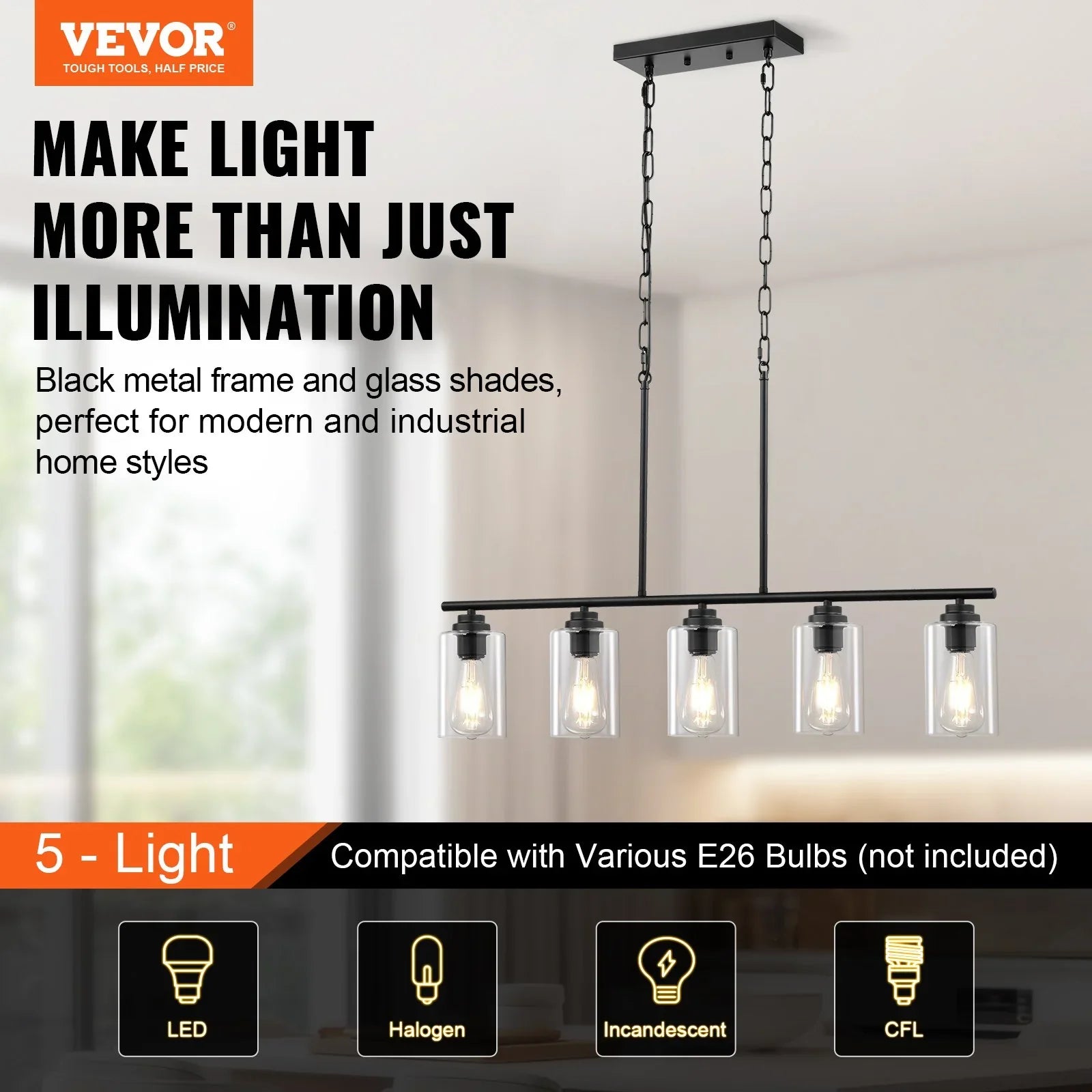5-Light Kitchen Island Pendant Lights 60W Adjustable Dining Room Light E26 - okeli lights