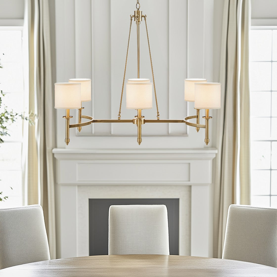 Antique Gold 6-Light Chandelier with Fabric Drum Shades Elegant Modern Ceiling Fixture for Dining & Living Spaces