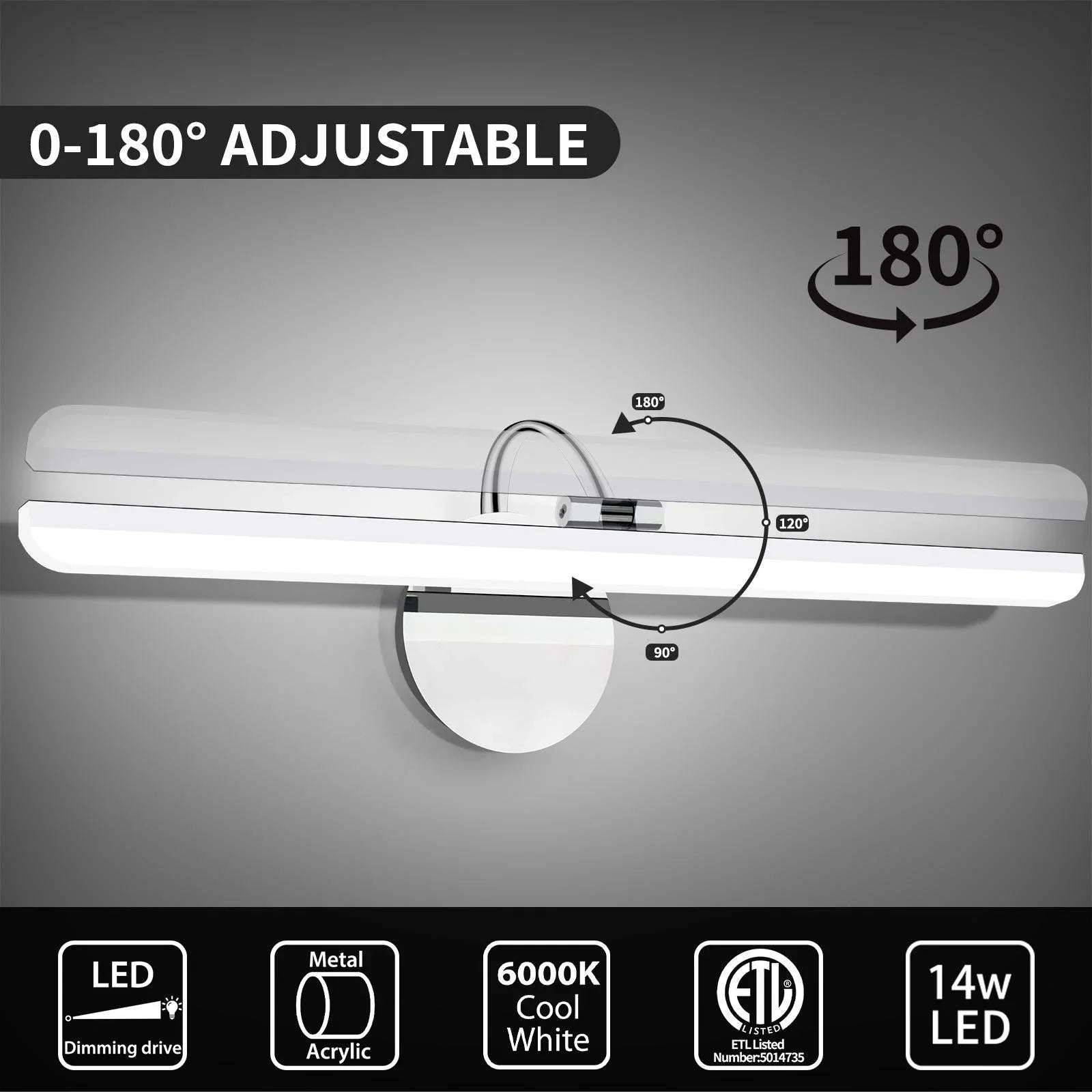 Bathroom Light Fixtures 180°Rotatable Dimmable LED Vanity Light Stainless Steel - okeli lights