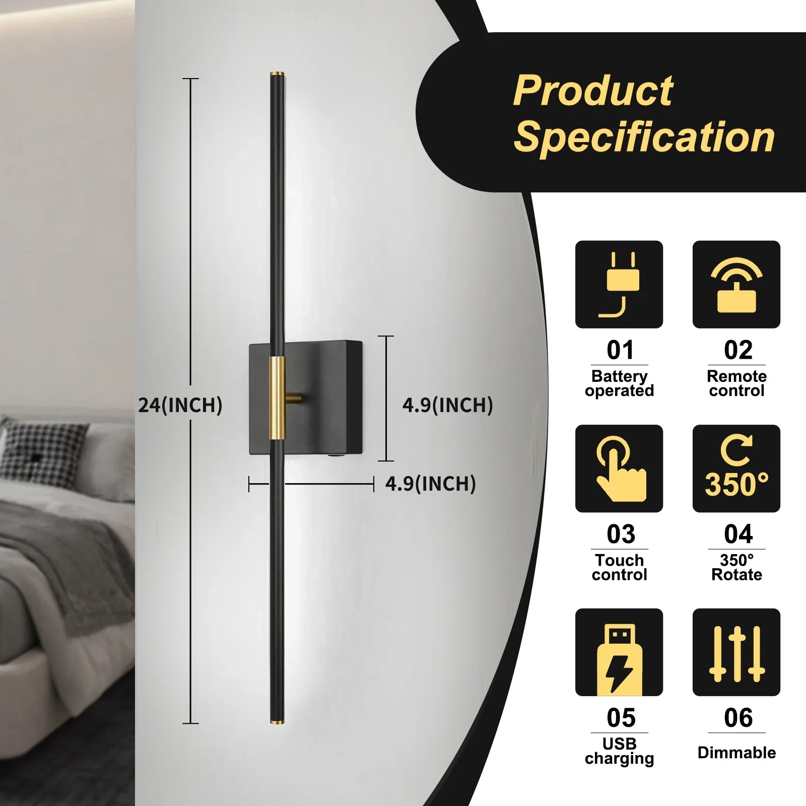 Battery Operated Wall Sconces 2-Pack 350° Rotate LED Wireless Rechargeable with Remote Control - okeli lights