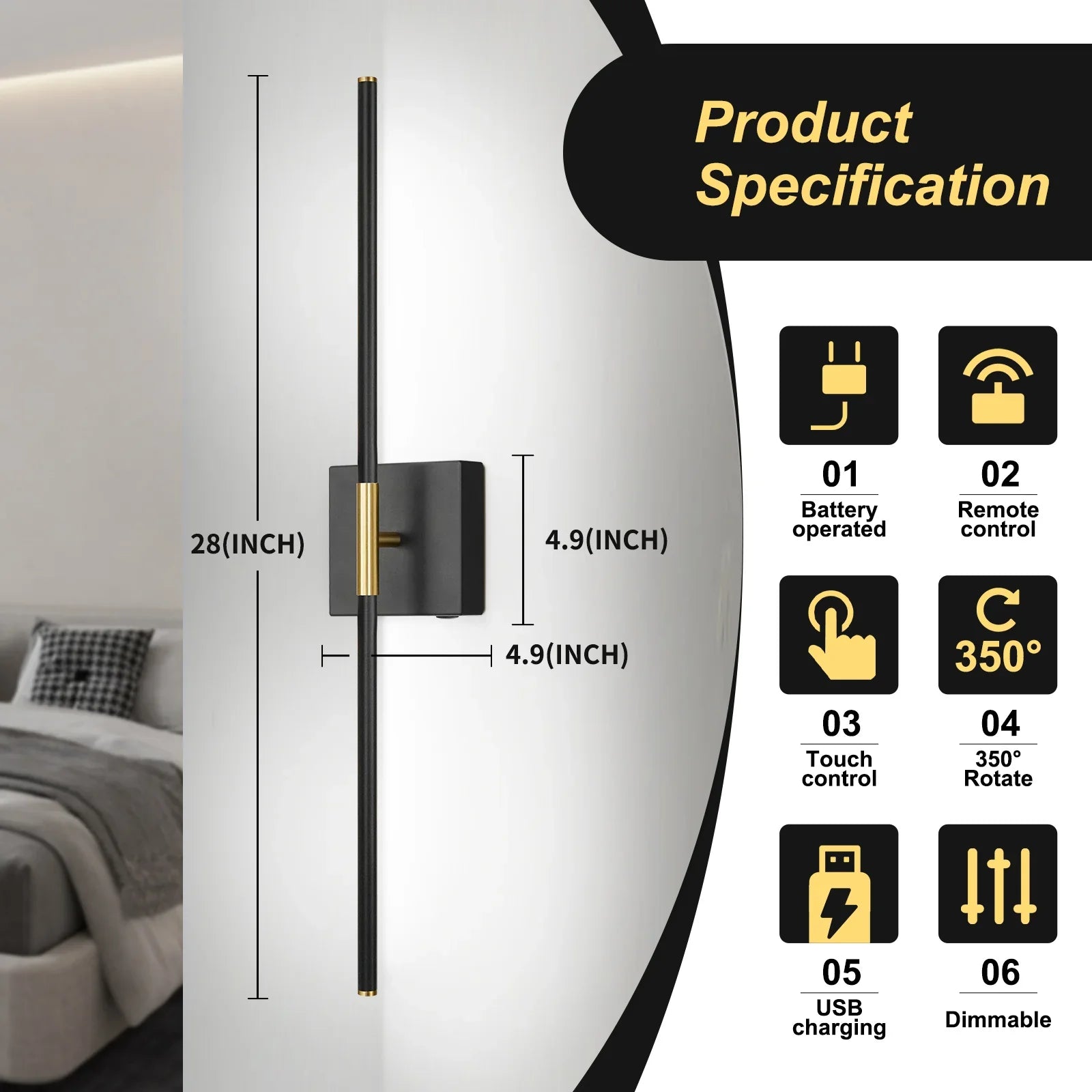 Battery Operated Wall Sconces 2-Pack 350° Rotate LED Wireless Rechargeable with Remote Control - okeli lights