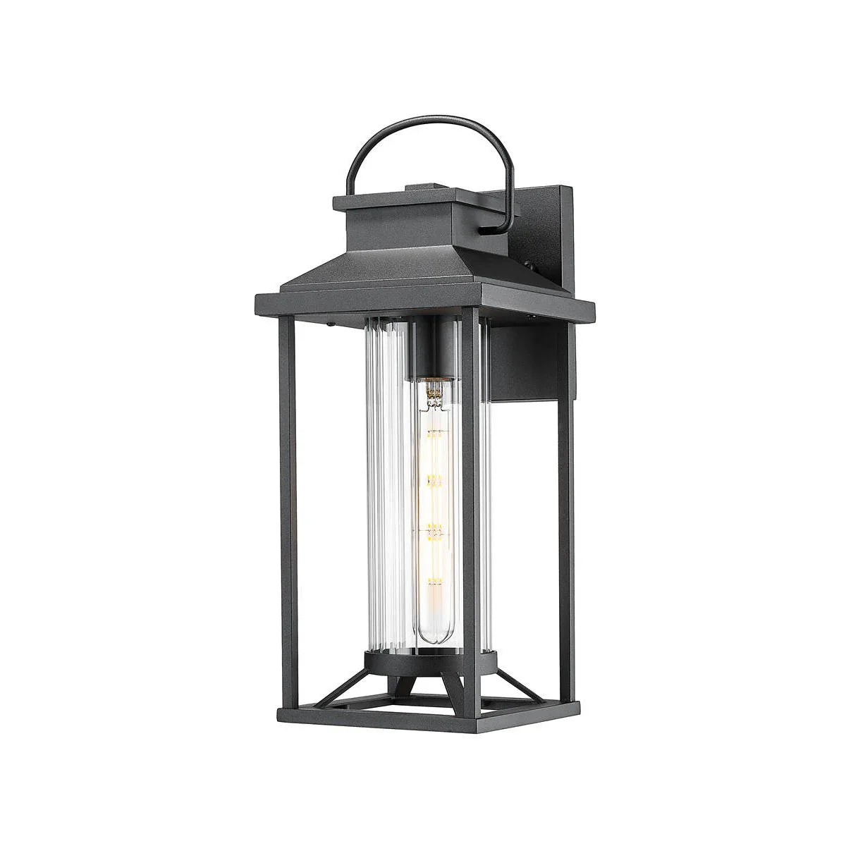 Black outdoor wall lantern with clear glass on a white background