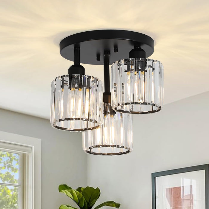Crystal Semi Flush Mount Ceiling Light 3-Light Black Kitchen Light Fixtures with Clear Crystal Shade