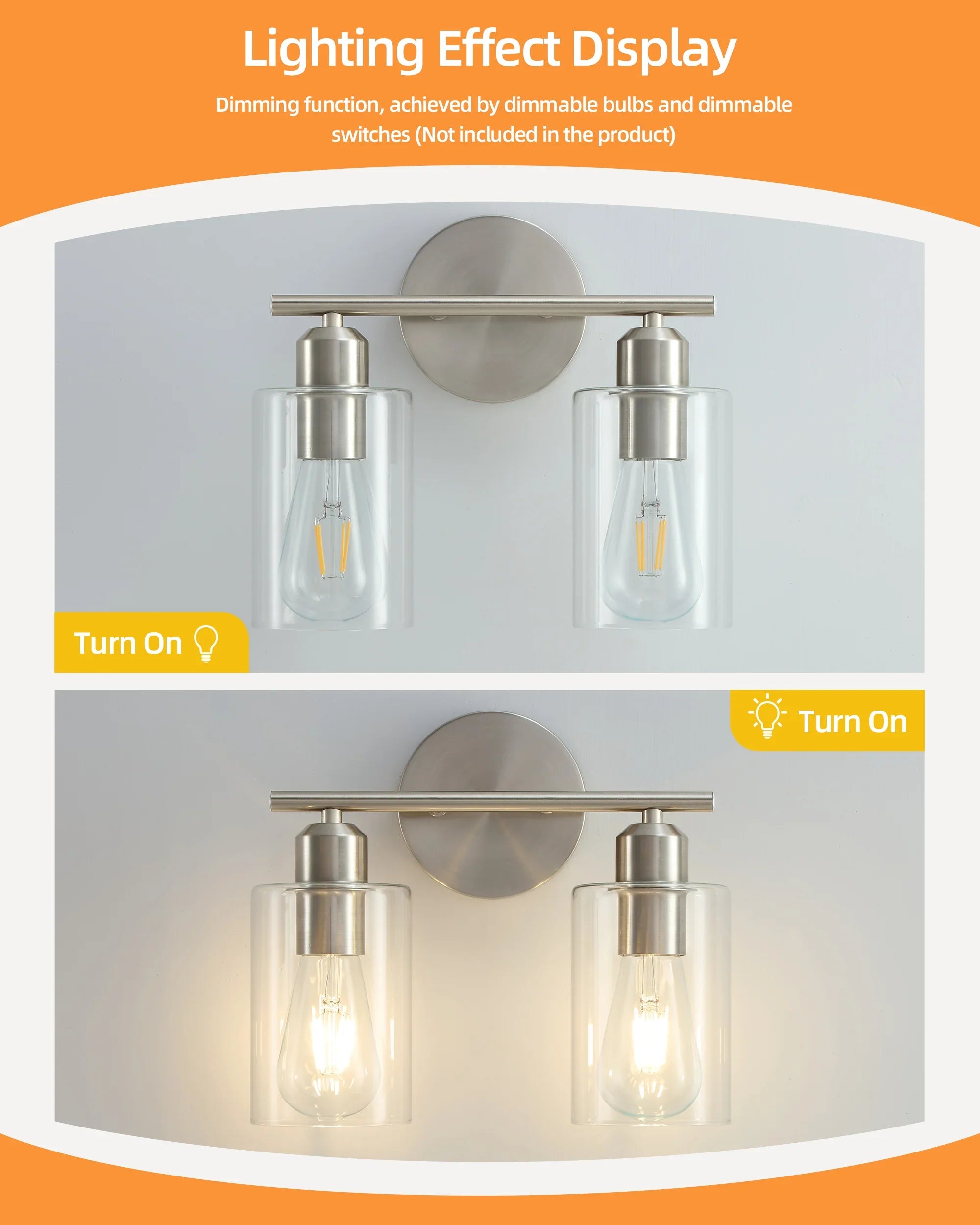 Brushed Nickel 2-Light Bathroom Vanity Light Fixture with Clear Glass Shade Silver E26 Base UL Listed - okeli lights