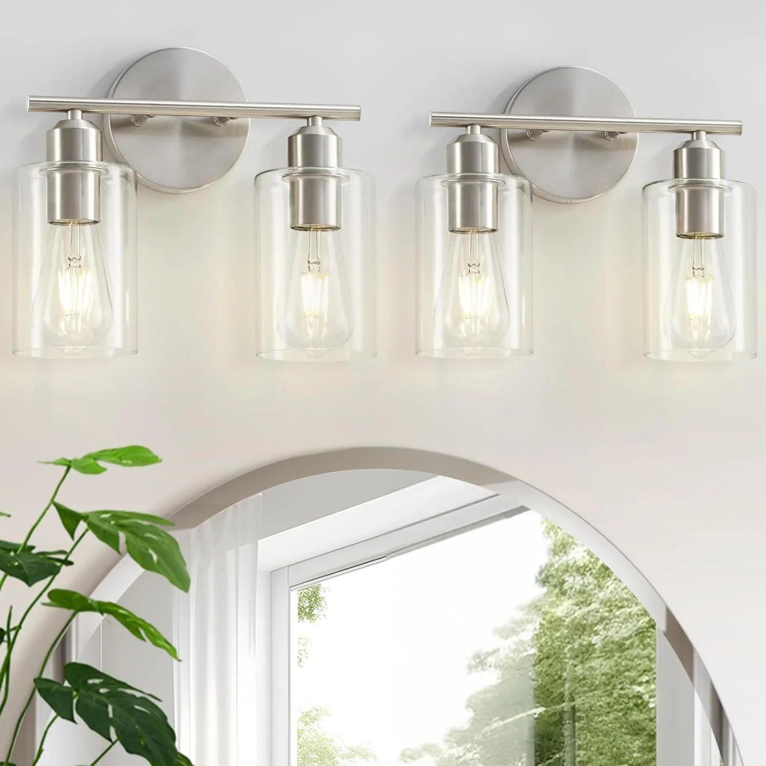 Brushed Nickel 2-Light Bathroom Vanity Light Fixture with Clear Glass Shade Silver E26 Base UL Listed - okeli lights