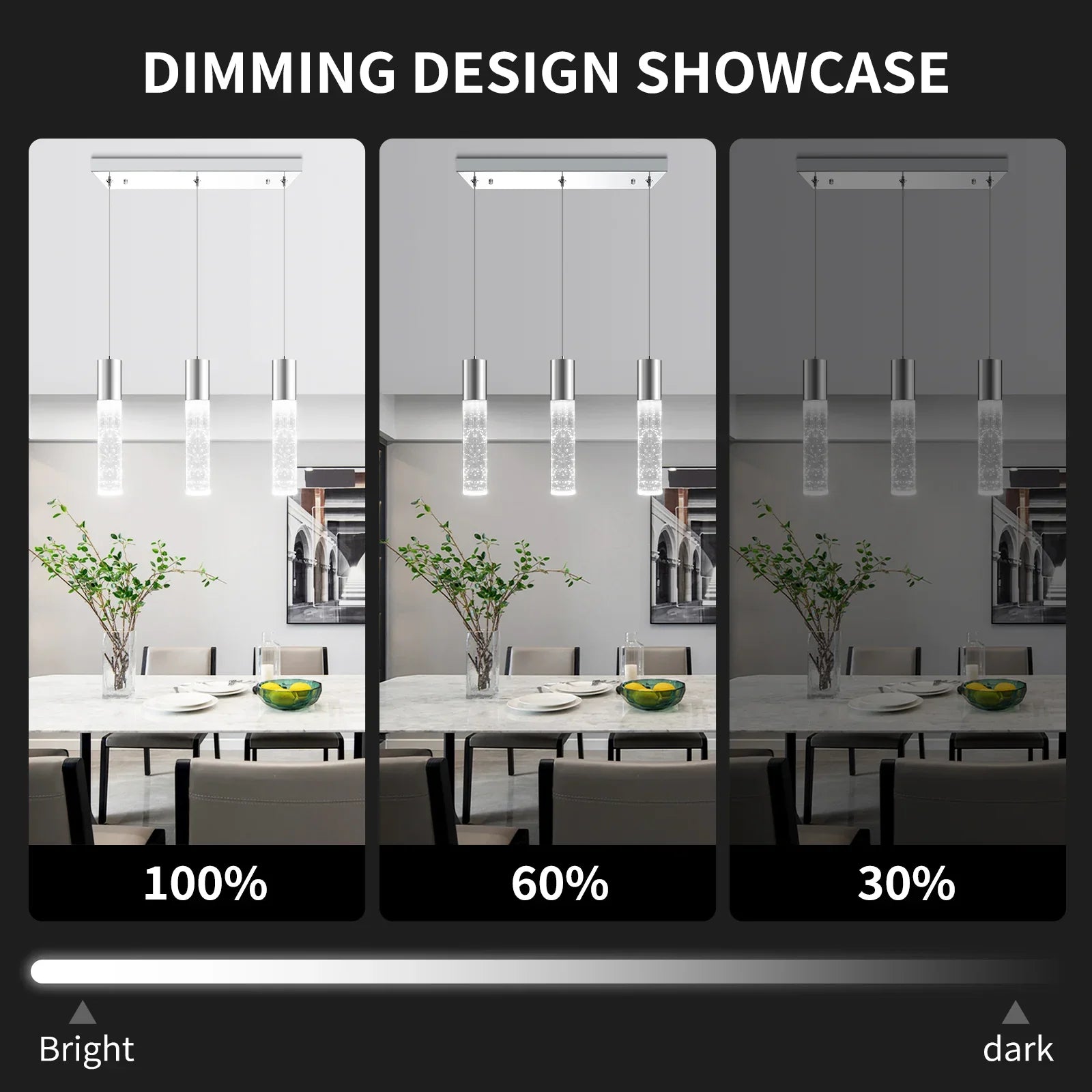 Dimmable LED Pendant Light Modern 3-Light Bubble Crystal 6000K 18W 1350LM Electro-Chrome Square - okeli lights