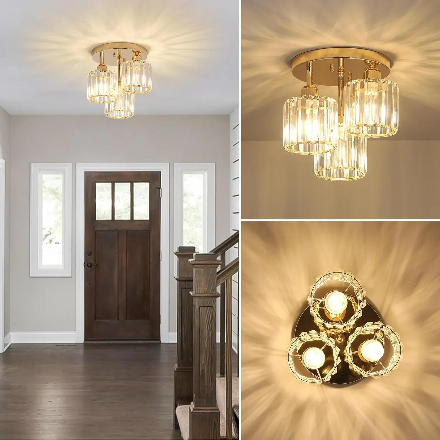 Semi Flush Mount Ceiling Light 3-Light Crystal Close to Ceiling Light Fixtures Golden - okeli lights
