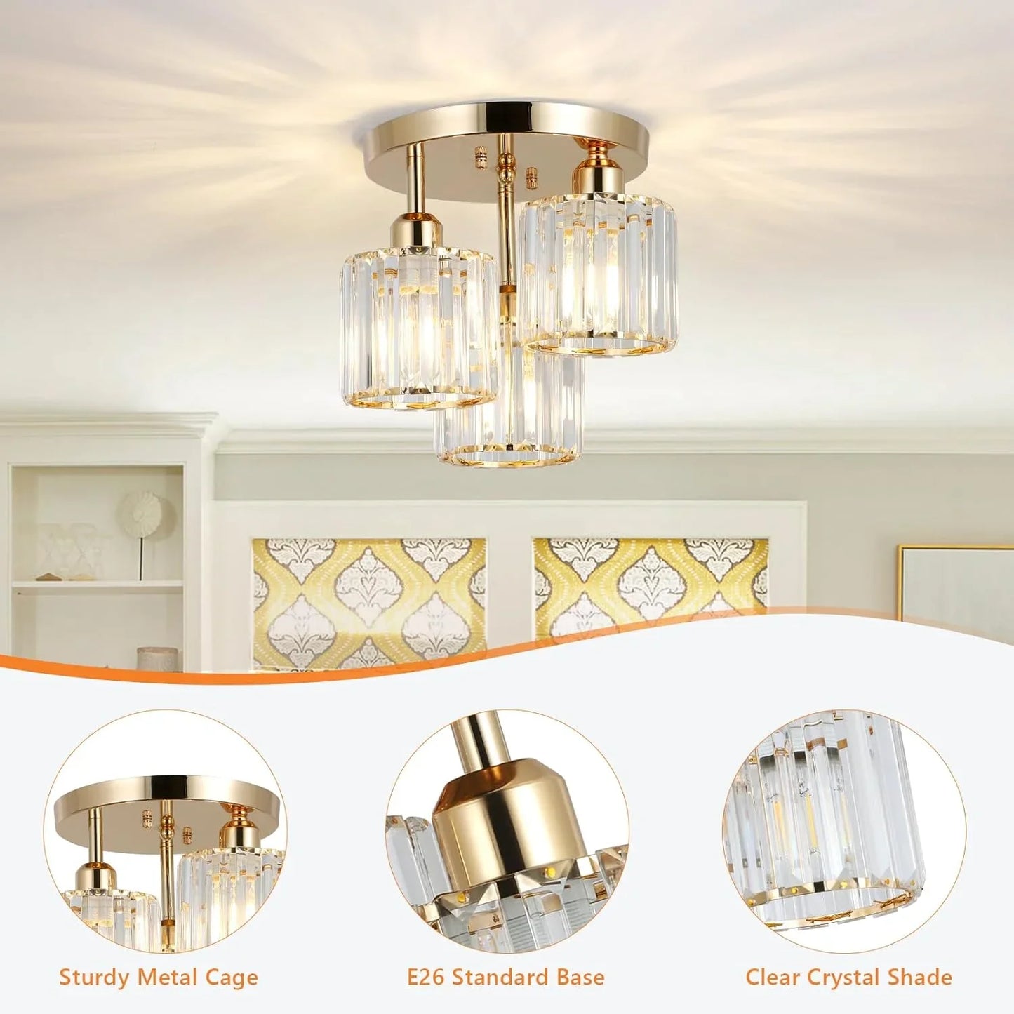 Semi Flush Mount Ceiling Light 3-Light Crystal Close to Ceiling Light Fixtures Golden - okeli lights