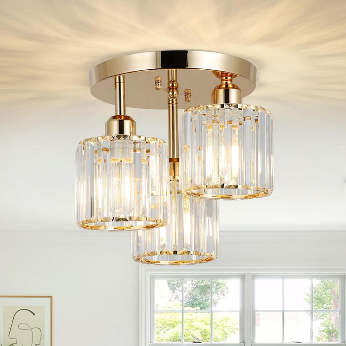 Semi Flush Mount Ceiling Light 3-Light Crystal Close to Ceiling Light Fixtures Golden