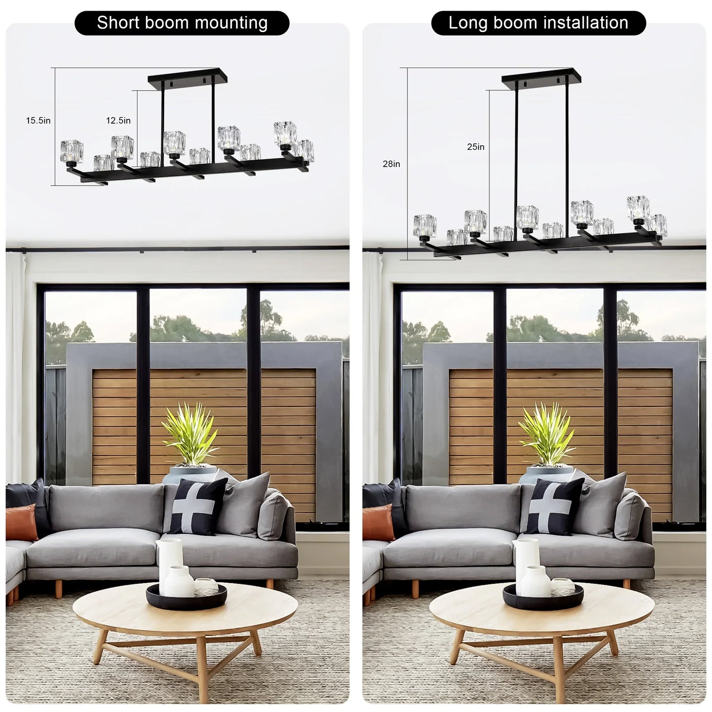 Chandelier for Dining Room, 10-Light Black Farmhouse Linear Pendant Light Fixture, Modern Crystal Hanging Lighting - okeli lights