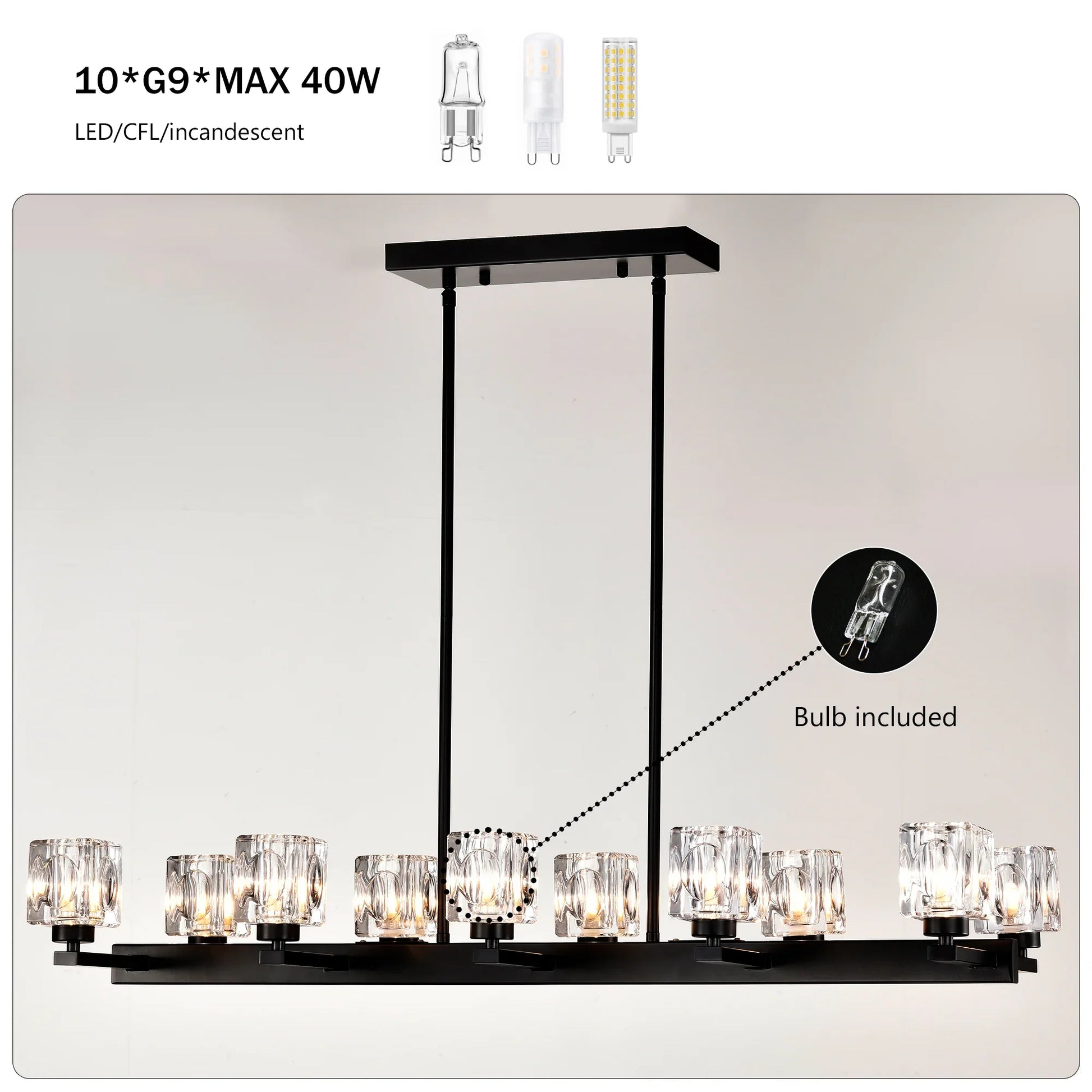 Chandelier for Dining Room, 10-Light Black Farmhouse Linear Pendant Light Fixture, Modern Crystal Hanging Lighting - okeli lights