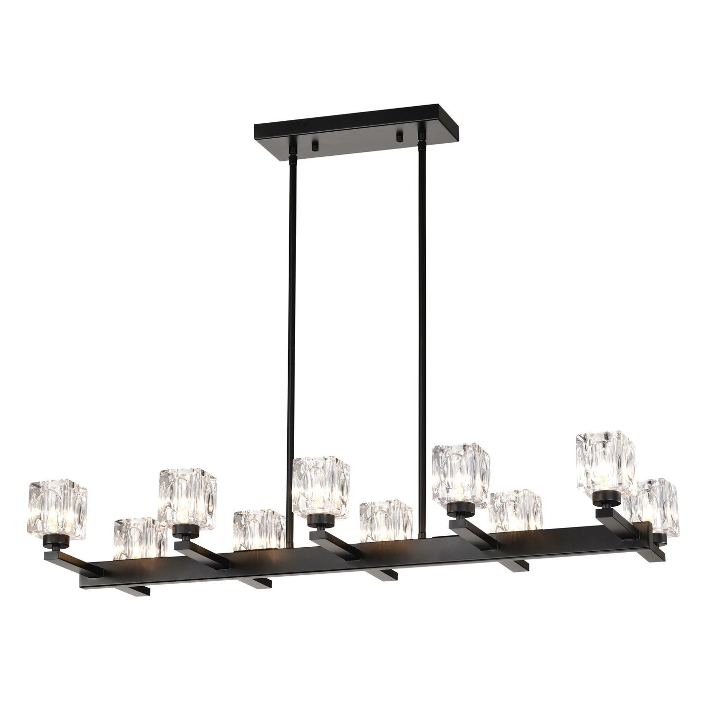 Modern black chandelier with crystal-like glass shades on a white background