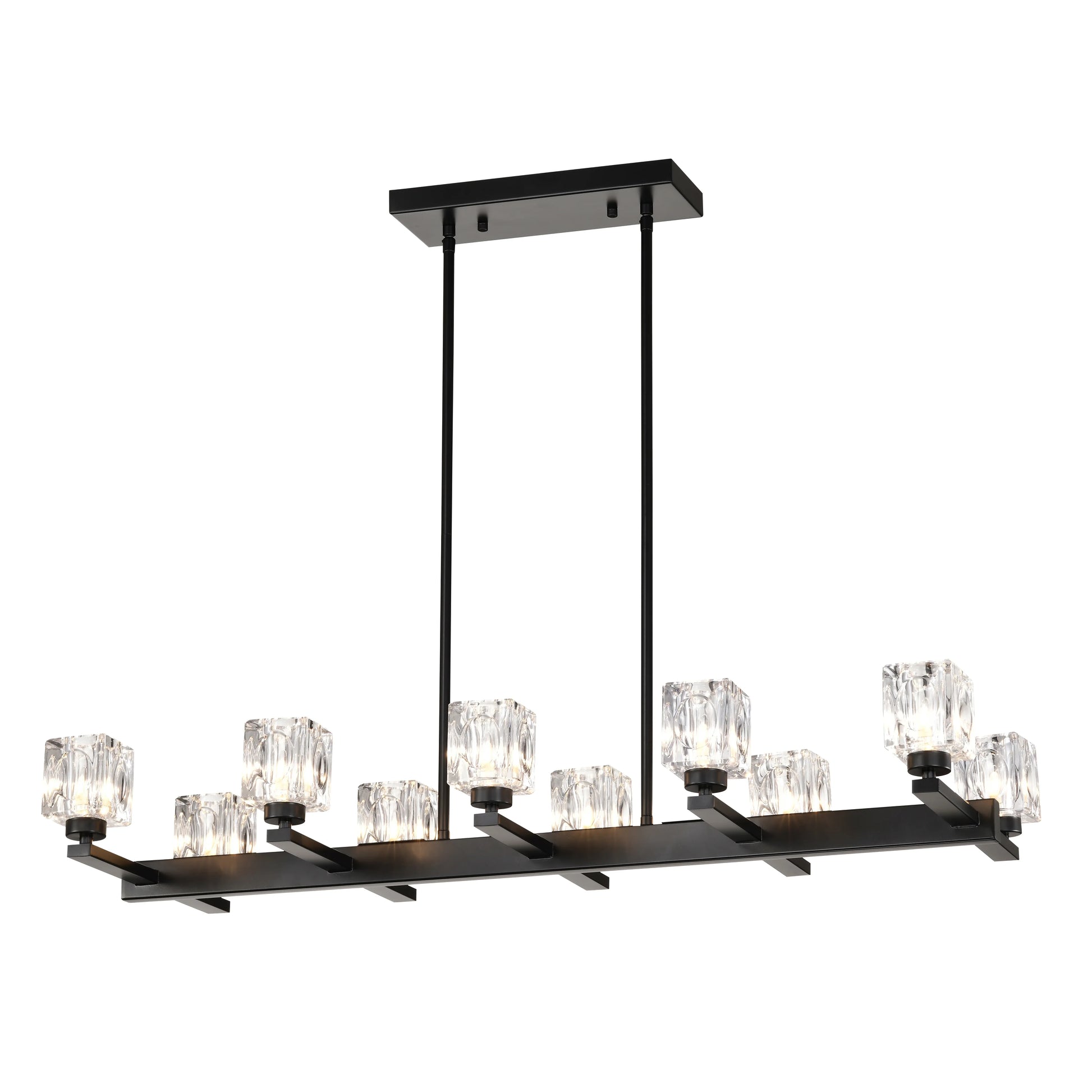 Modern black chandelier with crystal-like glass shades on a white background