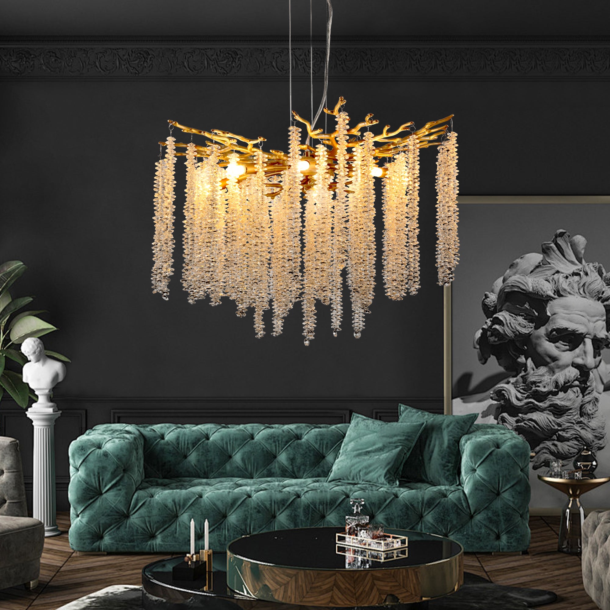 Modern Golden Chandelier with Cascading Crystal Strands High-End Decorative Lighting Fixture 24-39-inch 24-inch